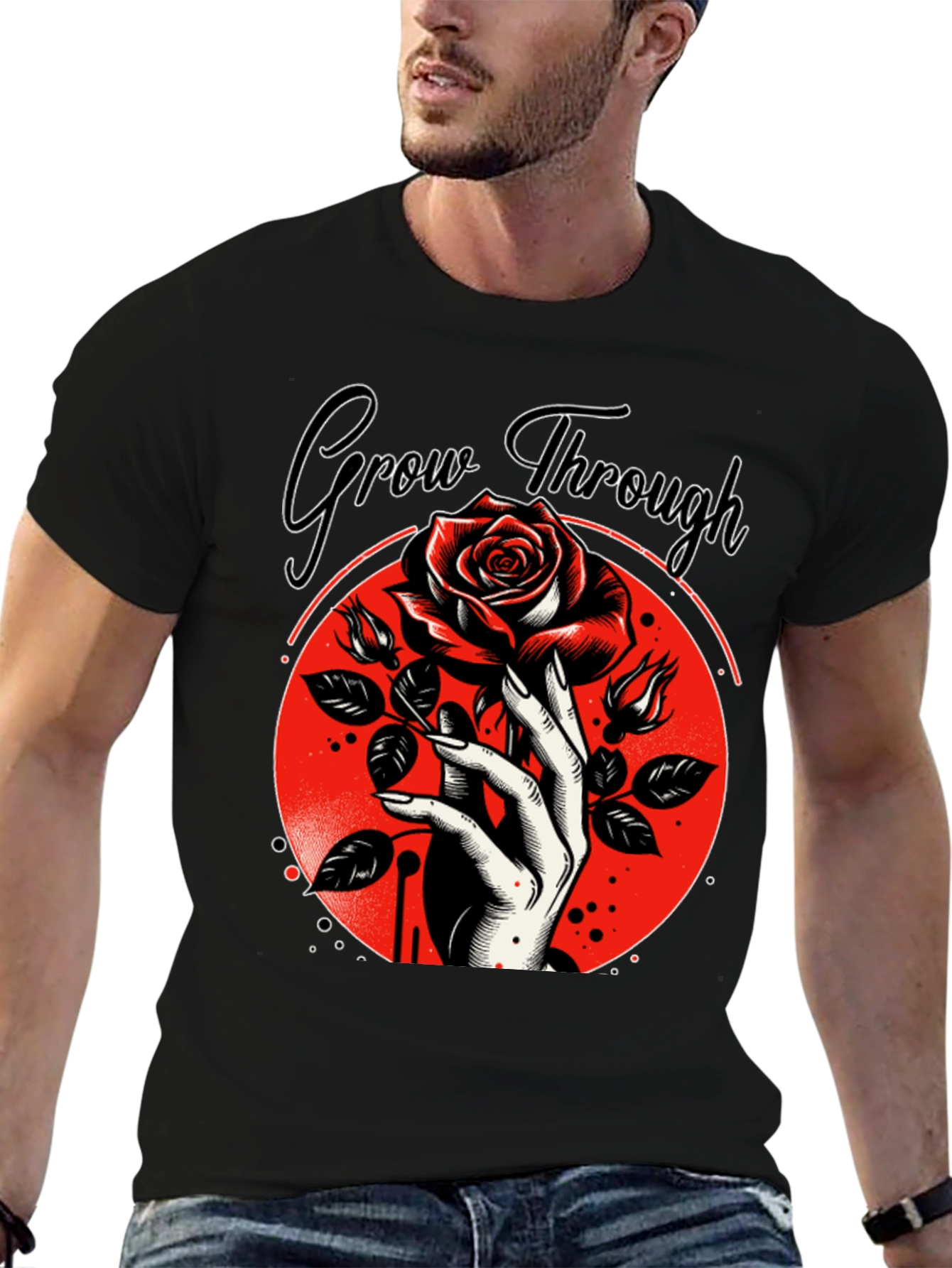 Grow Through T-Shirt - Rose and Hand Graphic Tee