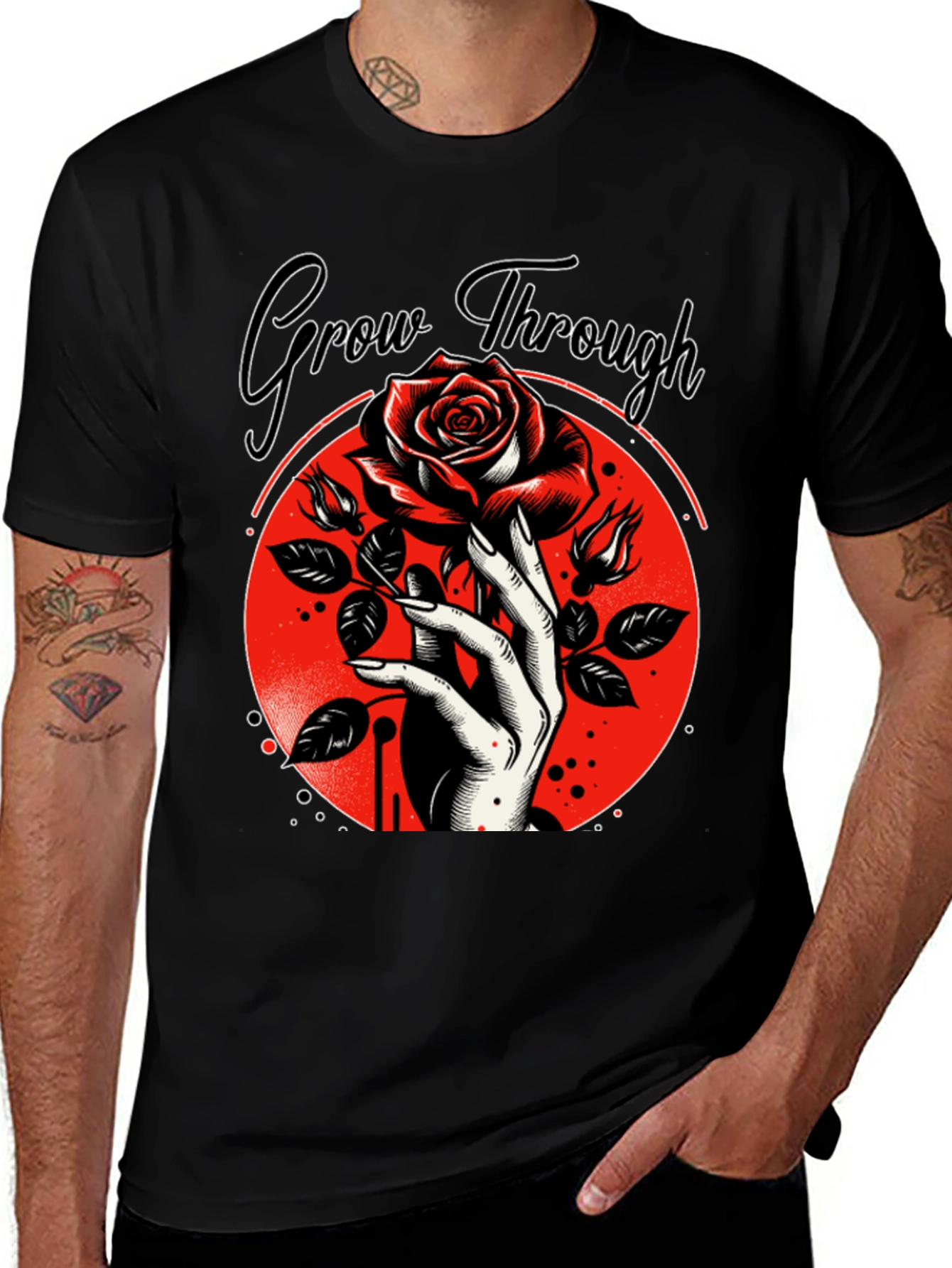 Grow Through T-Shirt - Rose and Hand Graphic Tee