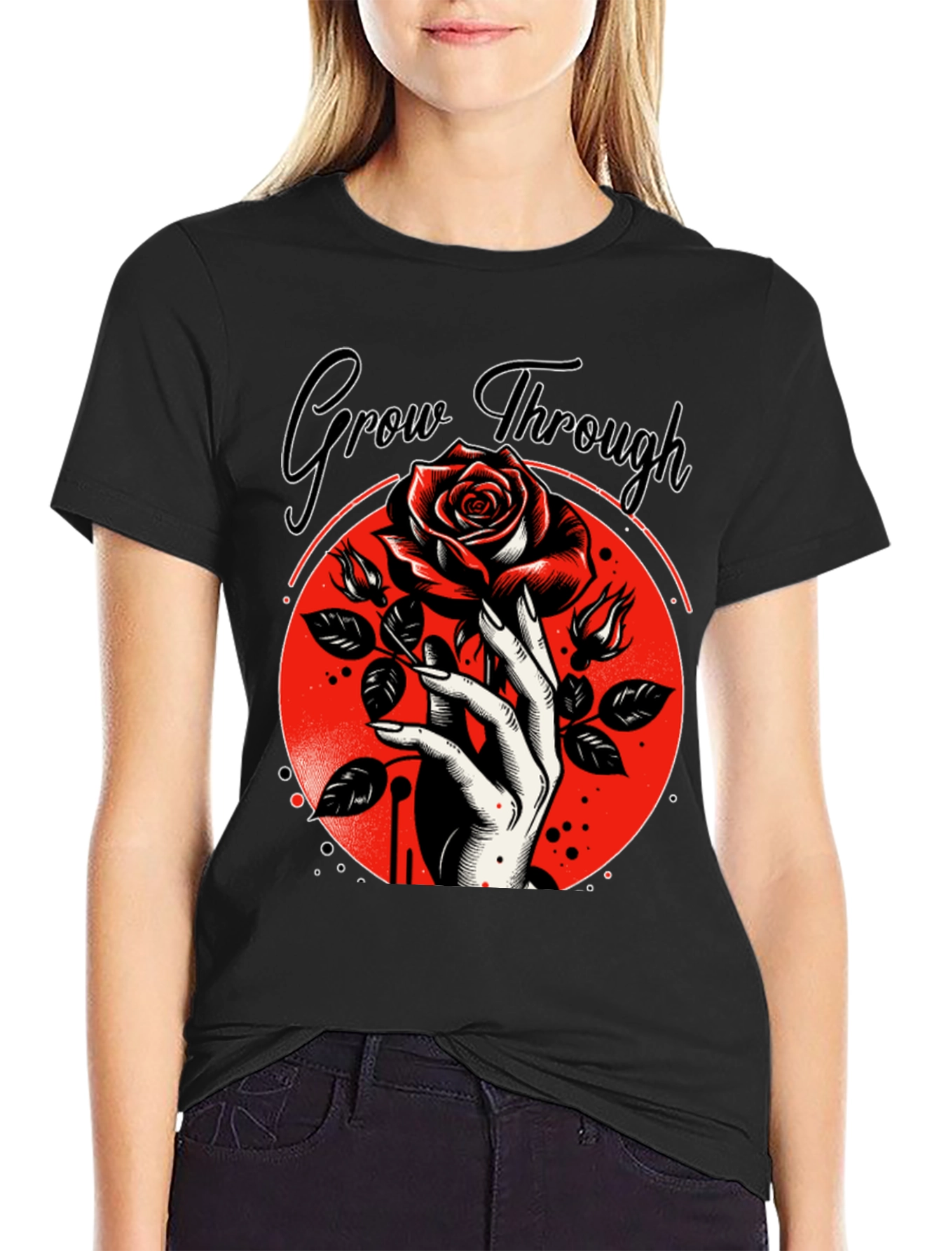 Grow Through T-Shirt - Rose and Hand Graphic Tee