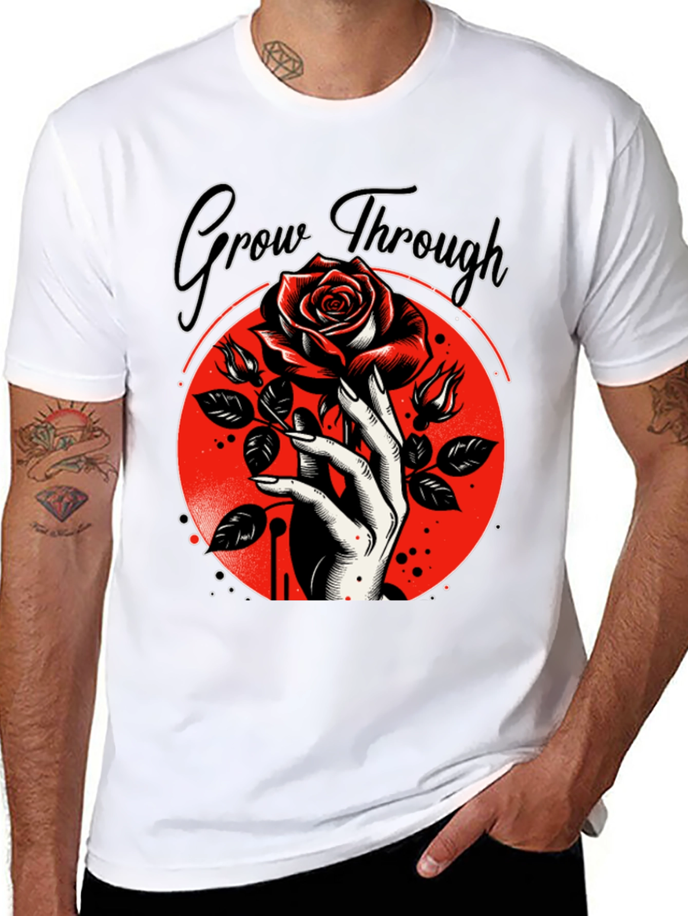 Grow Through T-Shirt - Rose and Hand Graphic Tee