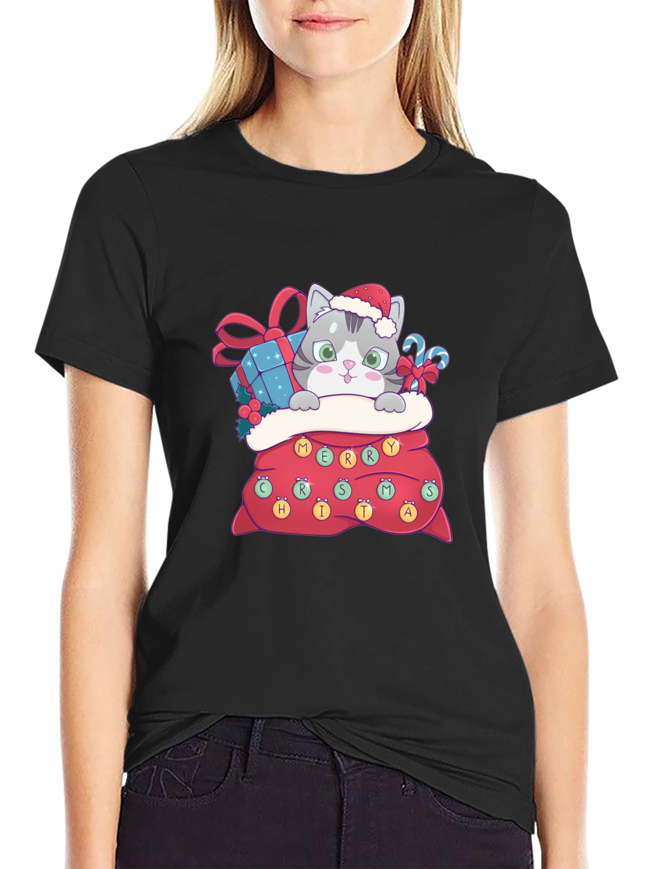 Christmas Cat in Bag Graphic Tee