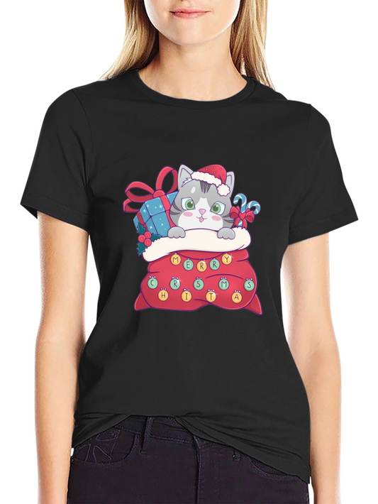 Christmas Cat in Bag Graphic Tee