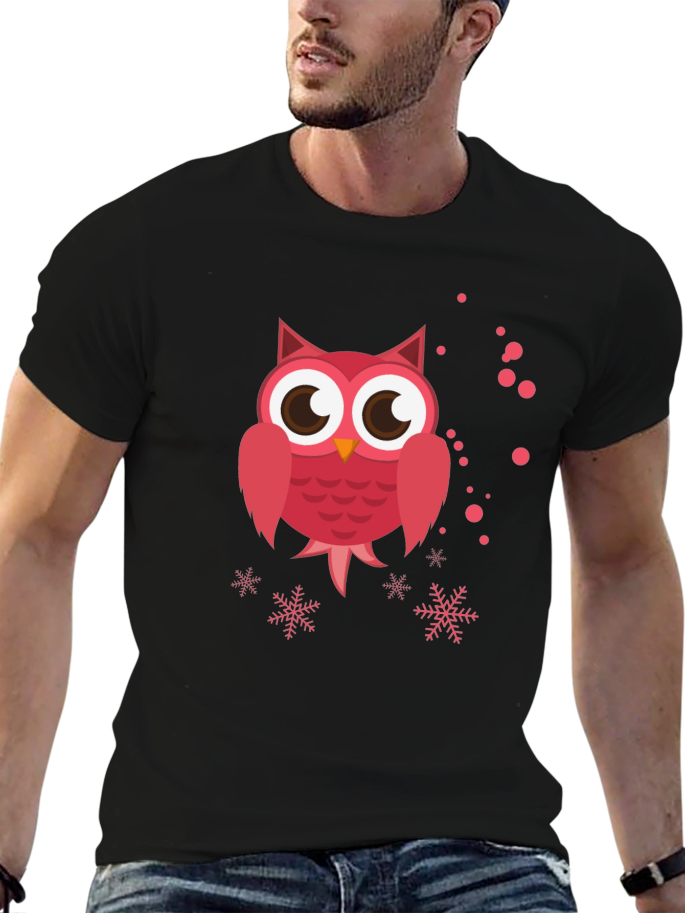 Cute Pink Owl Graphic Black T-Shirt