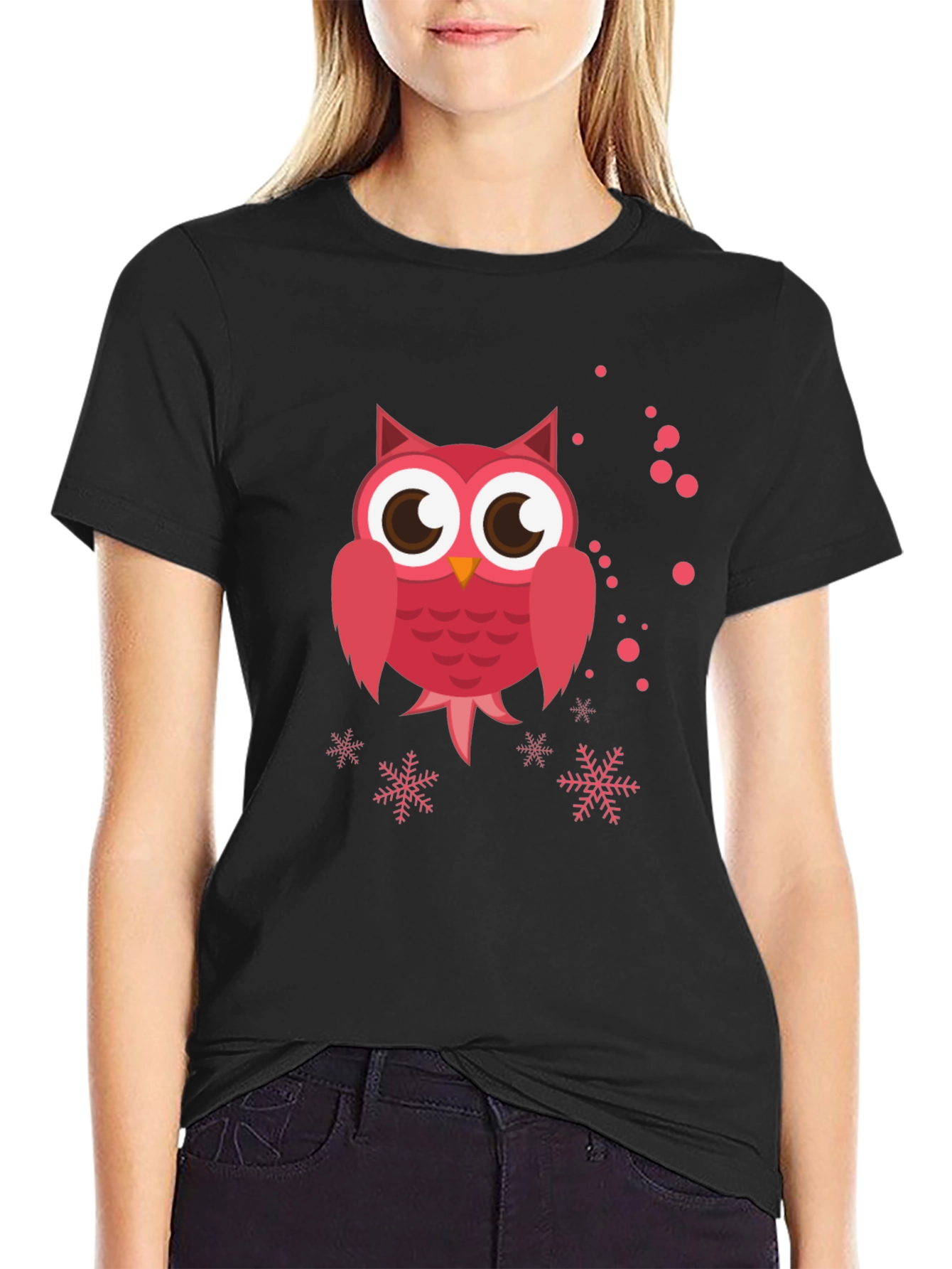Cute Pink Owl Graphic Black T-Shirt