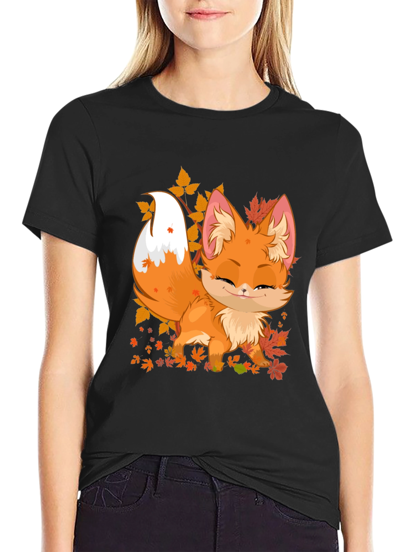 Cute Fox Fall Leaves Graphic Tee
