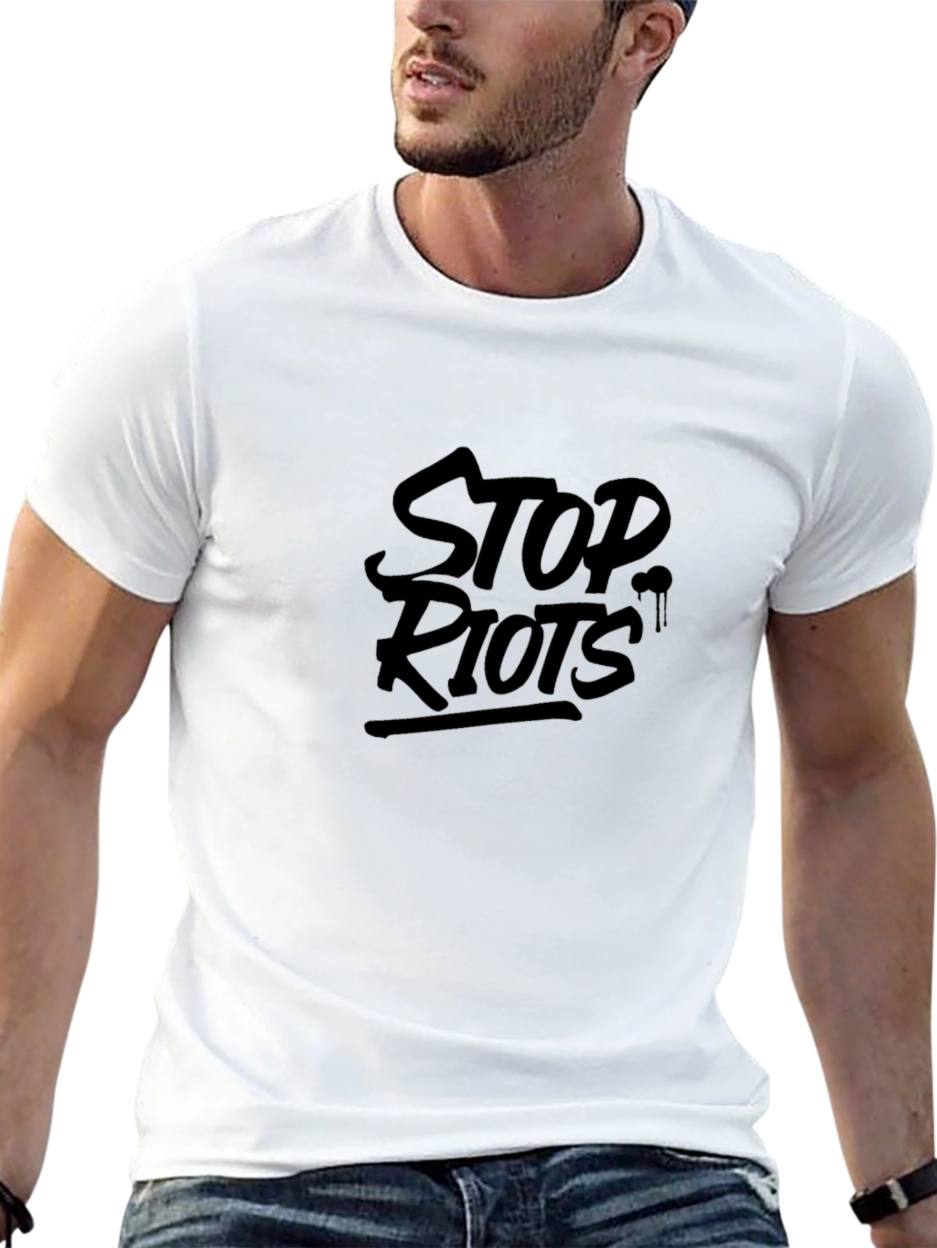 Stop Riots Graphic Print T-Shirt - Black