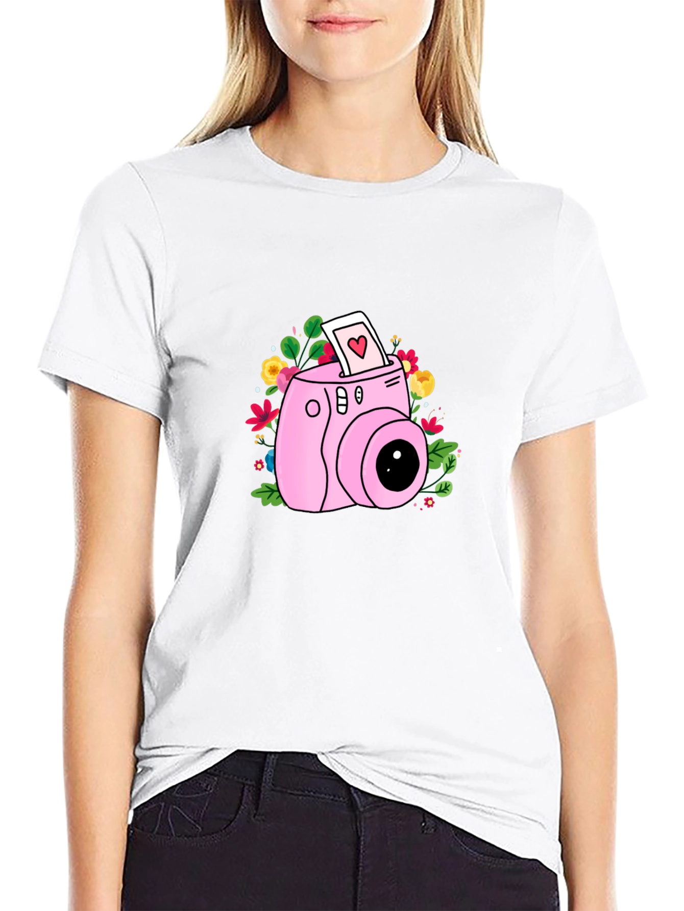 Pink Camera Floral Graphic T-Shirt