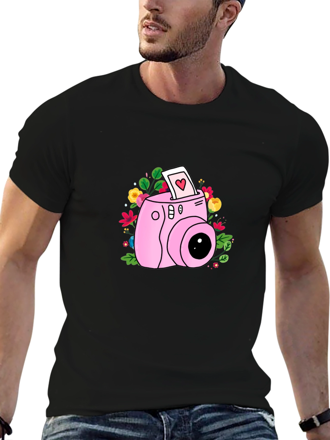 Pink Camera Floral Graphic T-Shirt