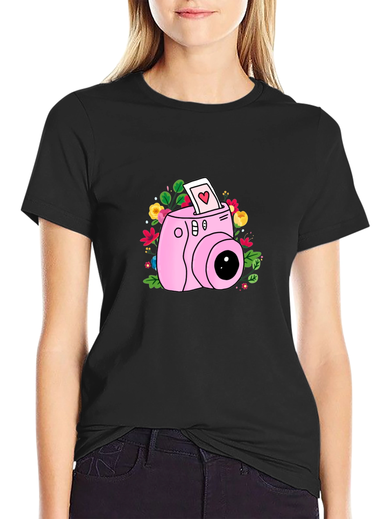 Pink Camera Floral Graphic T-Shirt