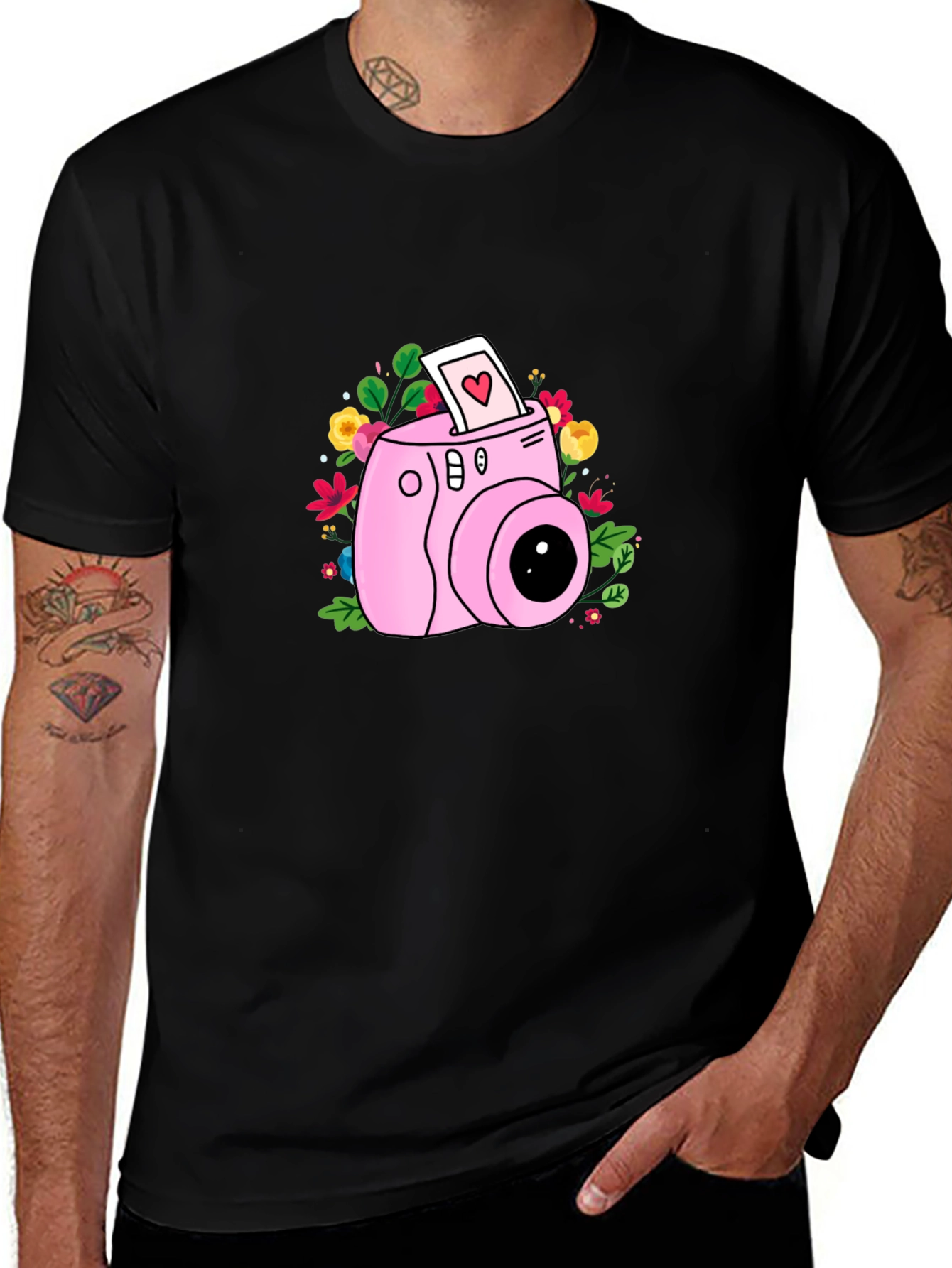 Pink Camera Floral Graphic T-Shirt