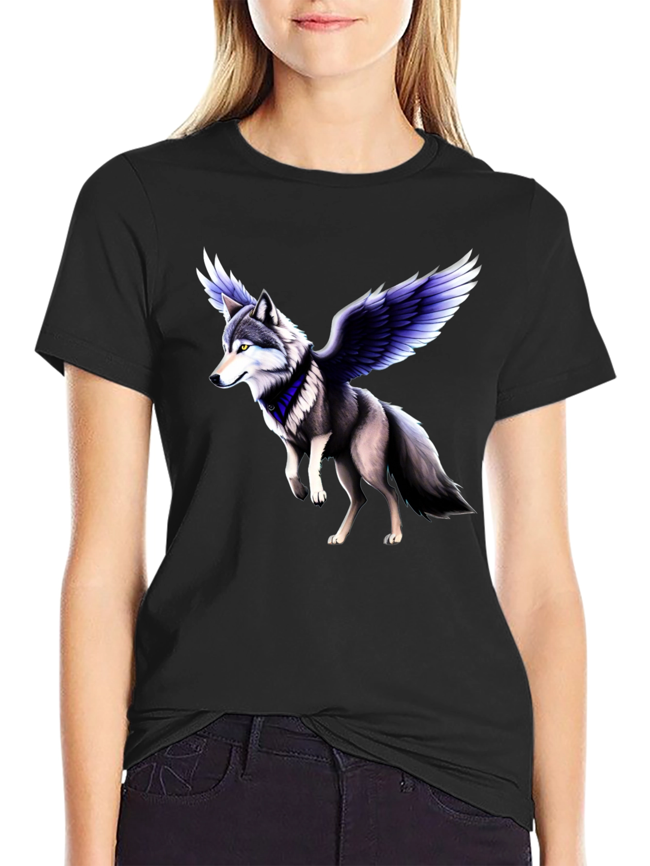 Winged Wolf Graphic Tee - Black Crew Neck Shirt