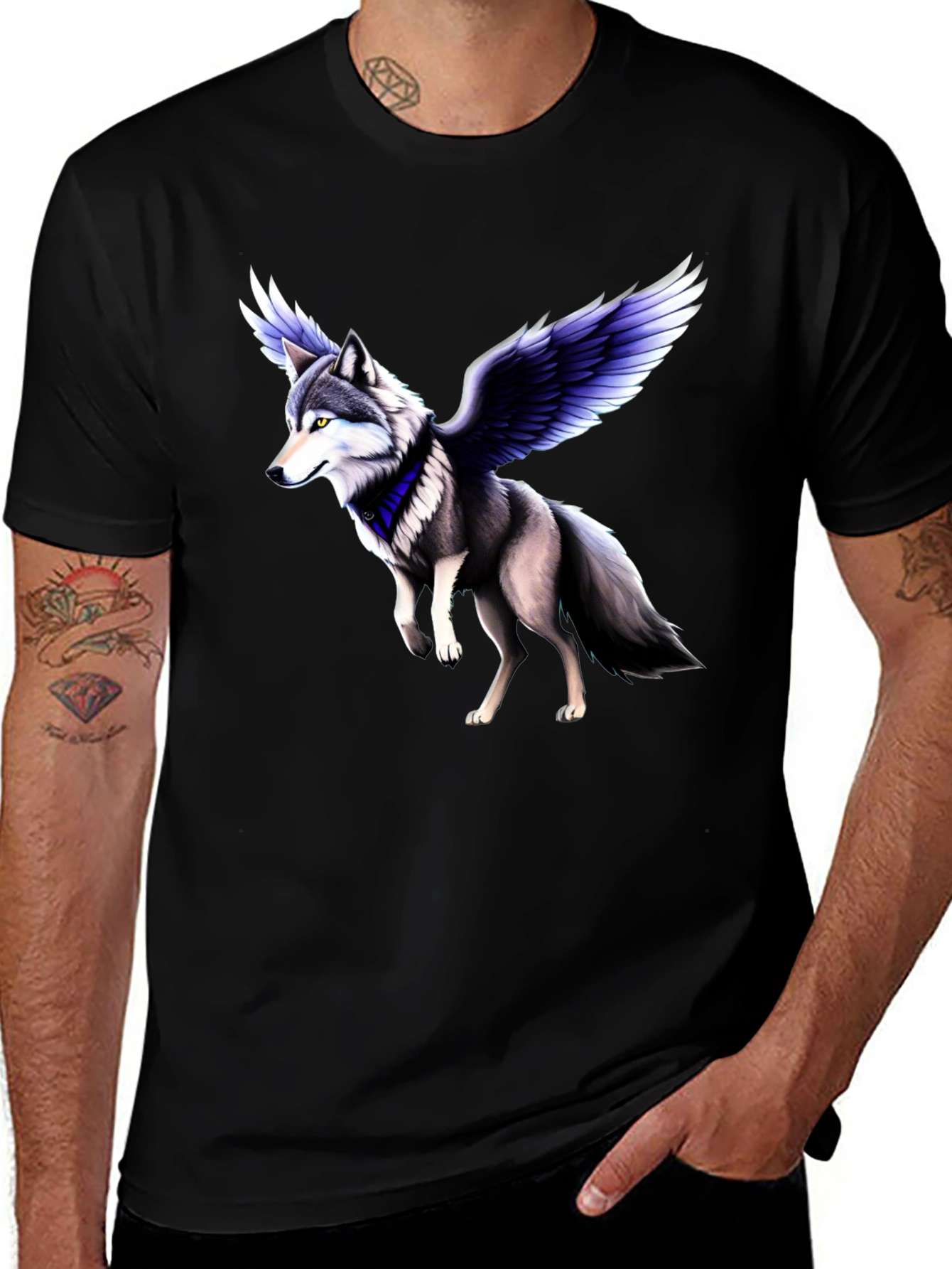 Winged Wolf Graphic Tee - Black Crew Neck Shirt