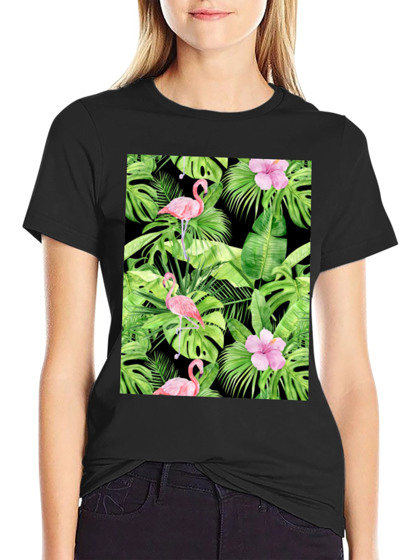 Tropical Flamingo Print Black T-Shirt