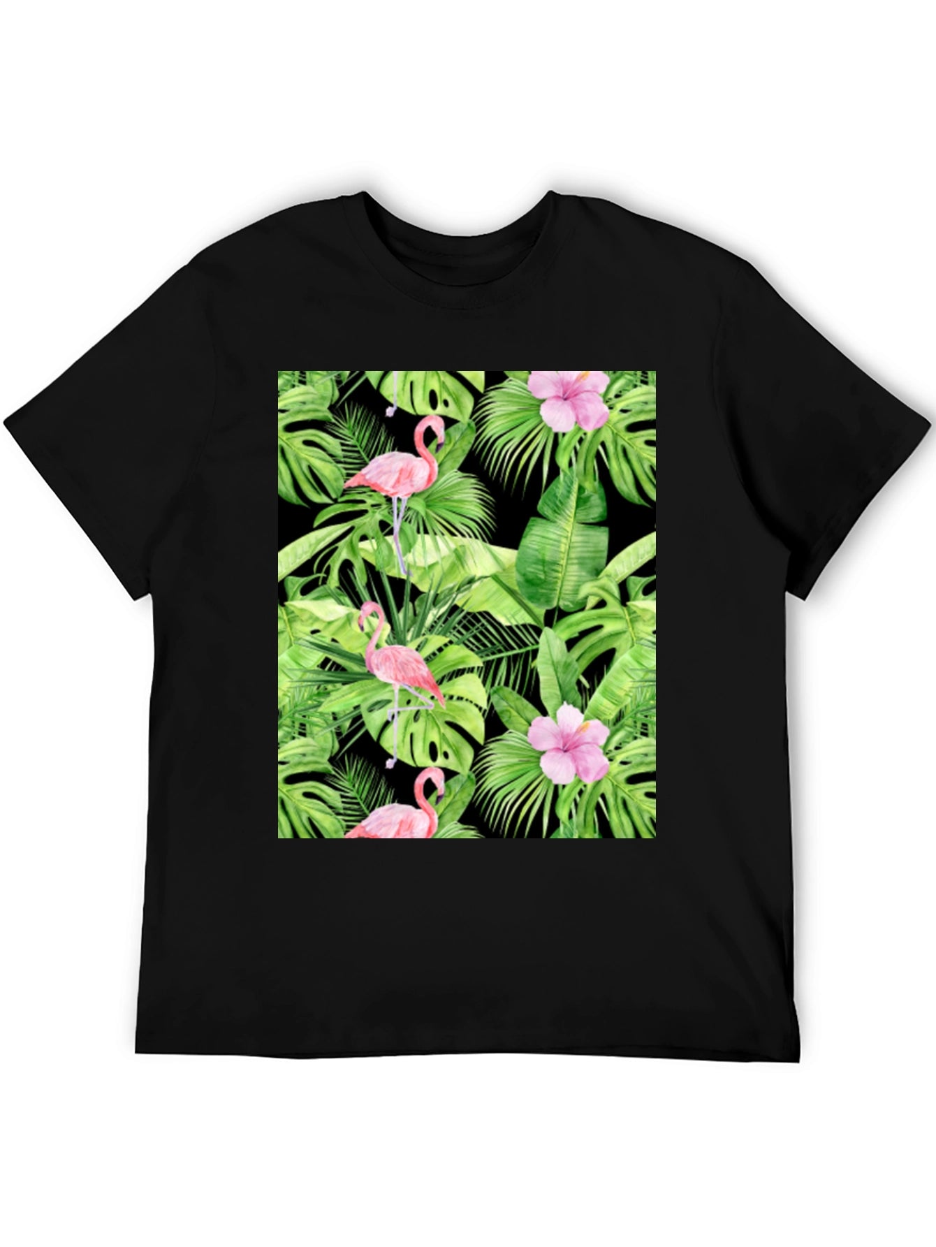 Tropical Flamingo Print Black T-Shirt