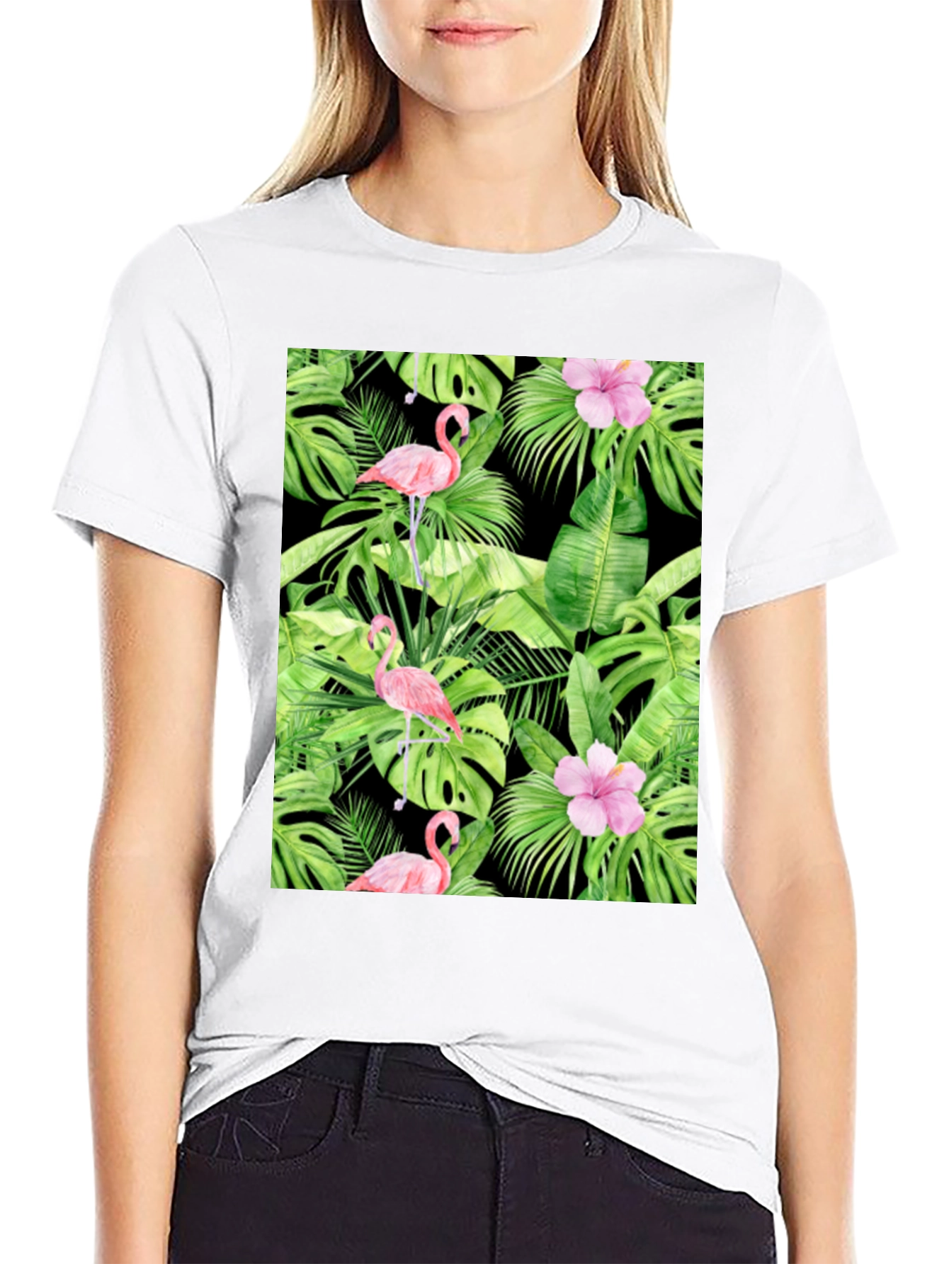 Tropical Flamingo Print Black T-Shirt