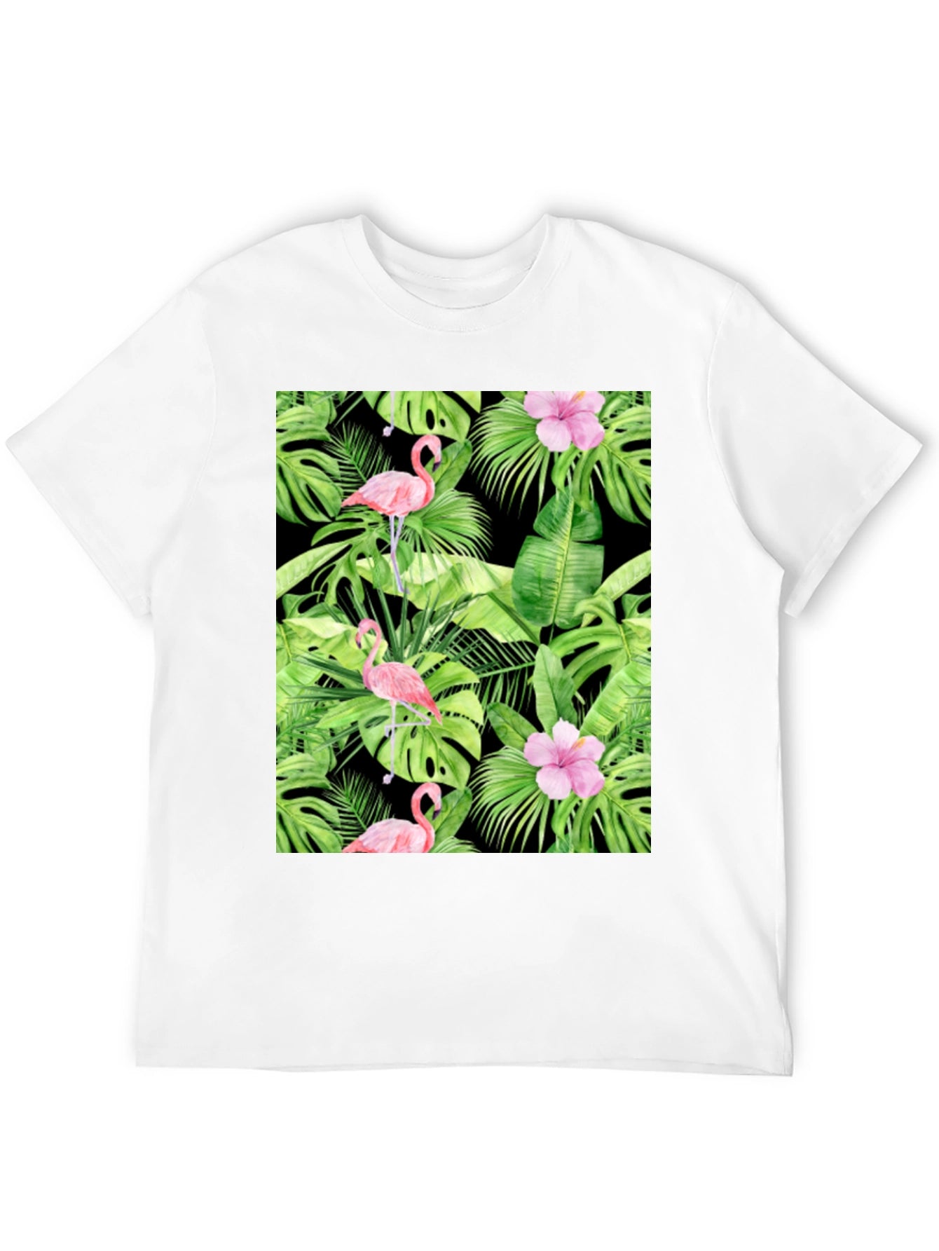 Tropical Flamingo Print Black T-Shirt