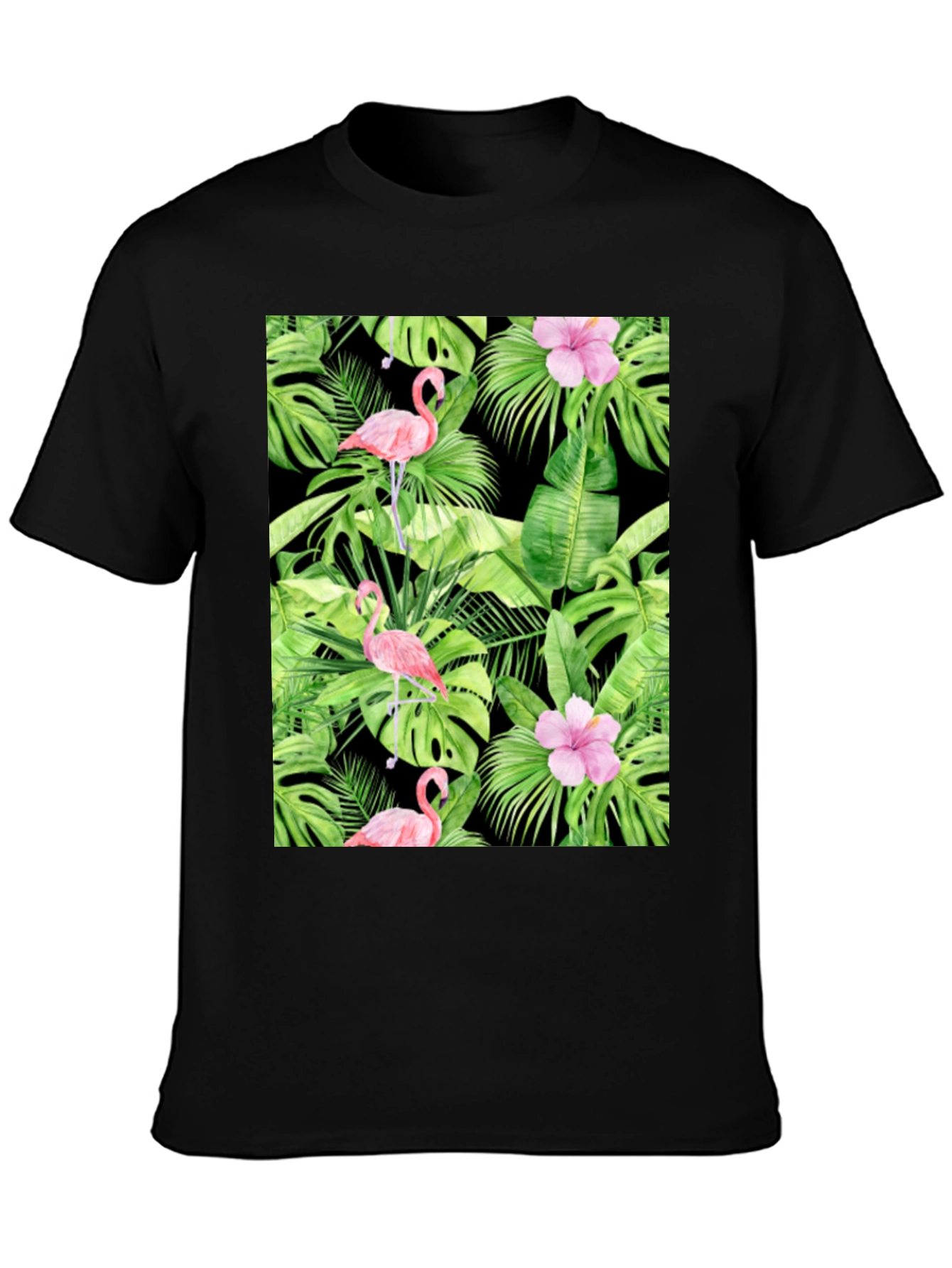 Tropical Flamingo Print Black T-Shirt