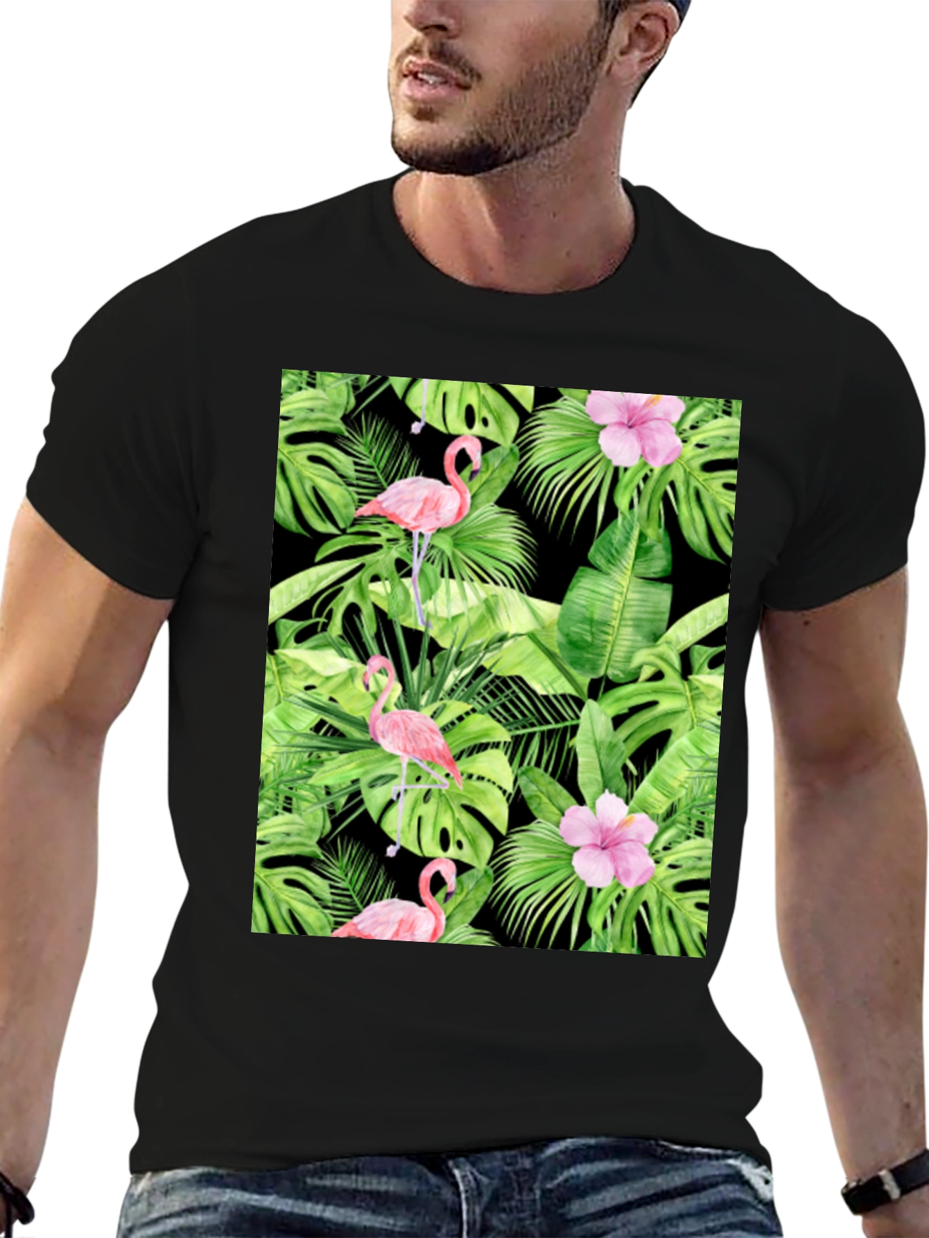 Tropical Flamingo Print Black T-Shirt