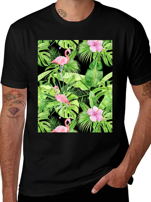 Tropical Flamingo Print Black T-Shirt