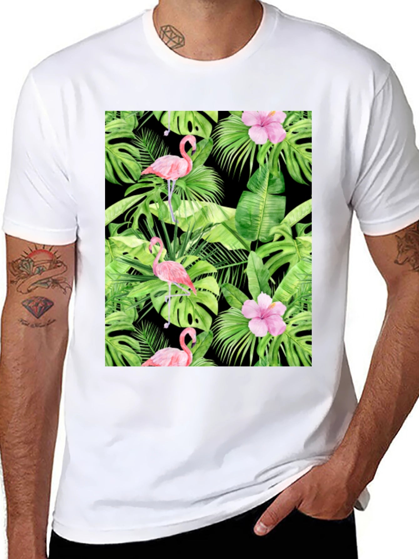Tropical Flamingo Print Black T-Shirt