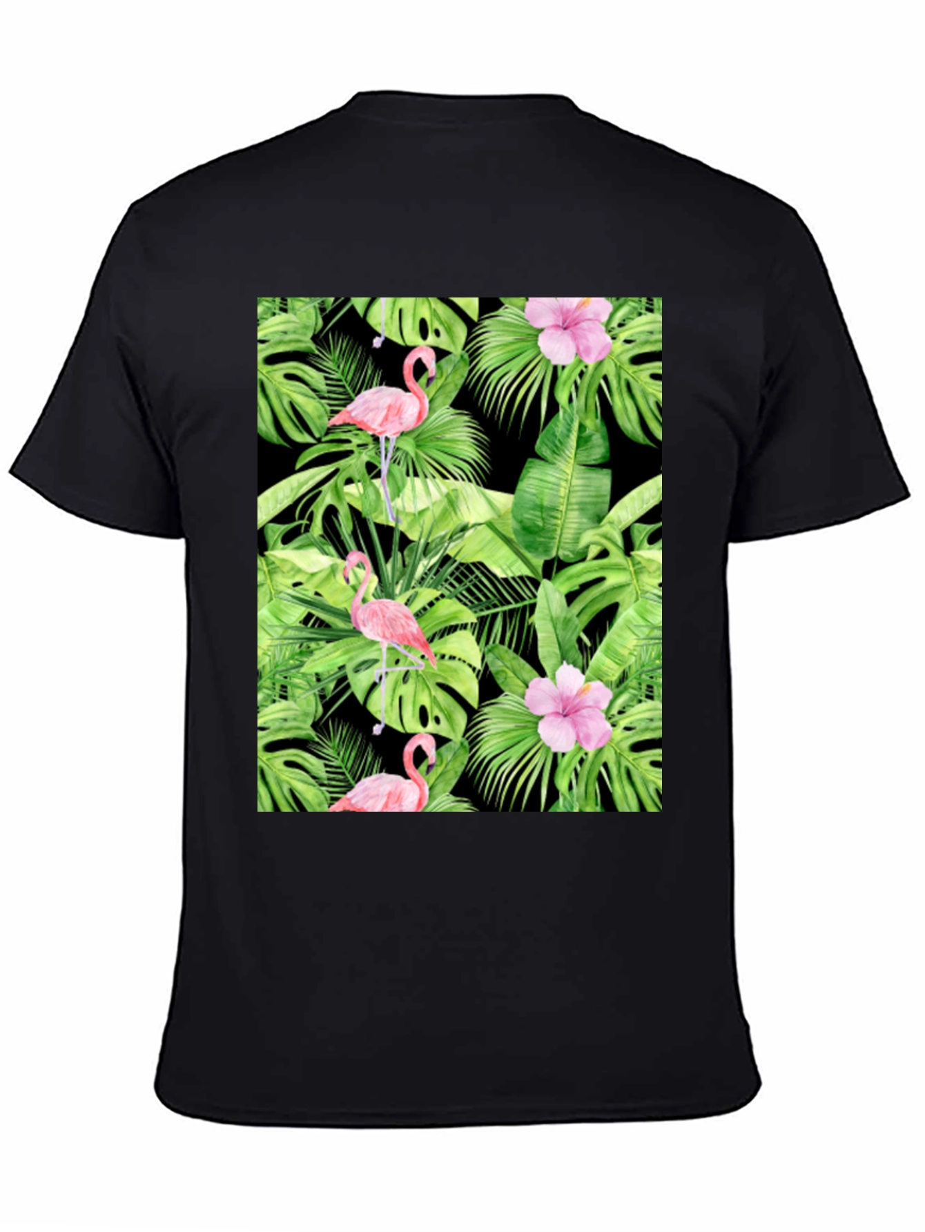 Tropical Flamingo Print Black T-Shirt