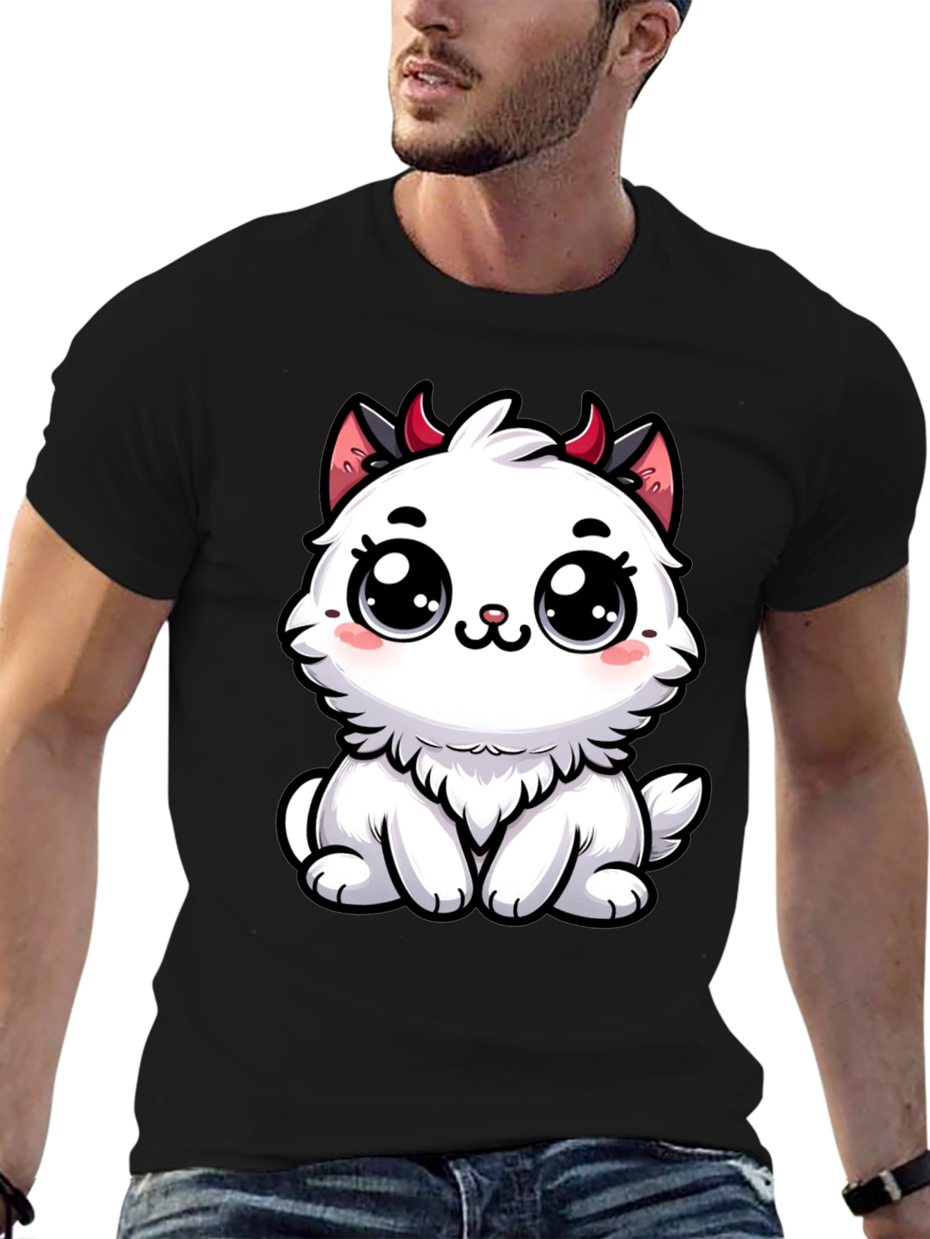 Cute Devil Kitten Graphic T-Shirt - Black