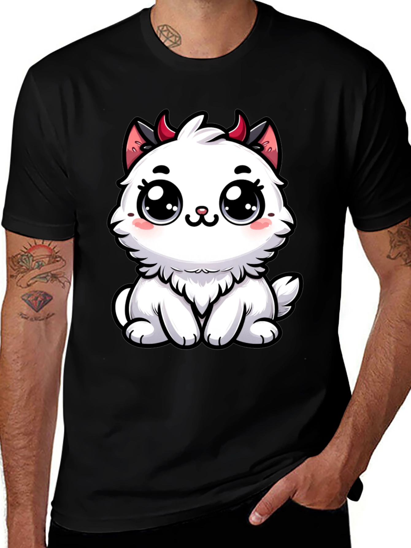 Cute Devil Kitten Graphic T-Shirt - Black