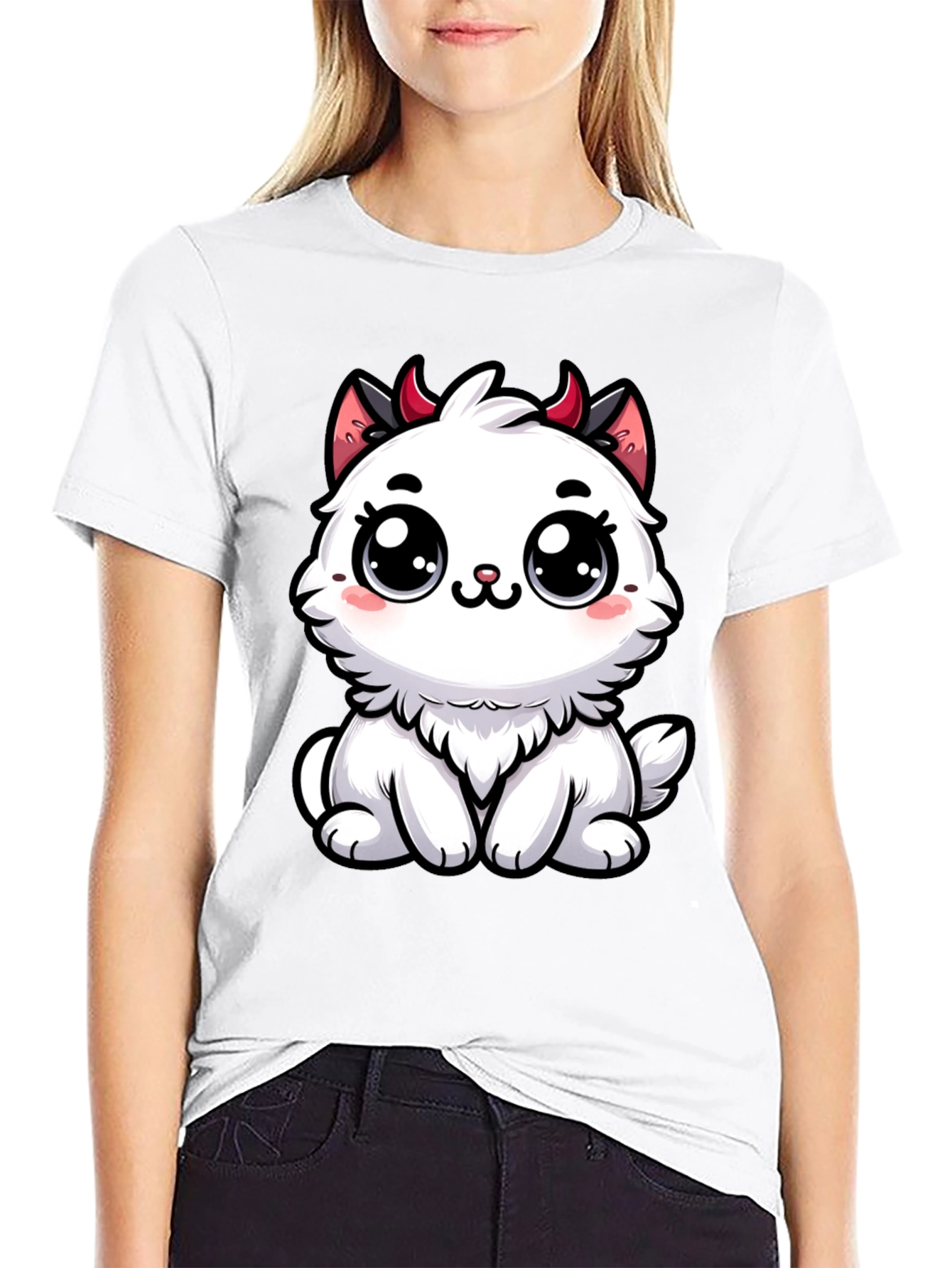 Cute Devil Kitten Graphic T-Shirt - Black