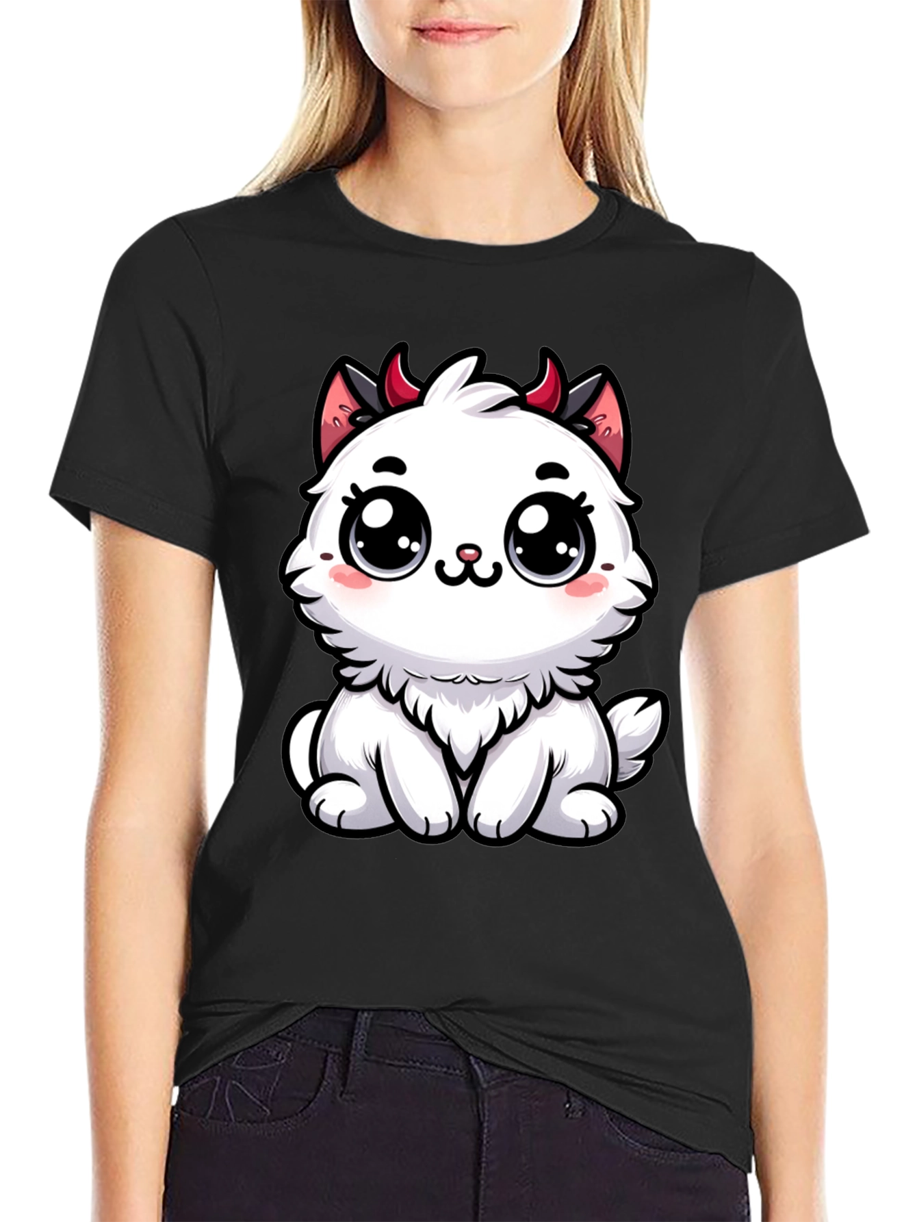Cute Devil Kitten Graphic T-Shirt - Black