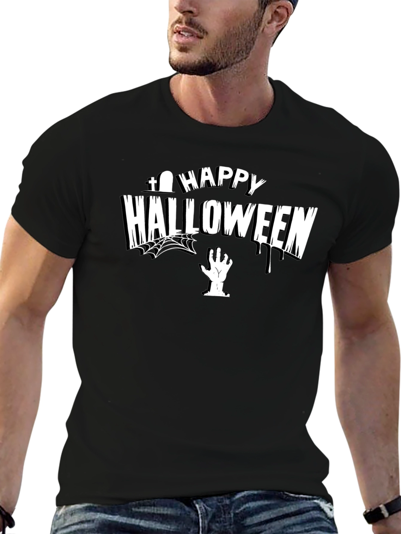 Happy Halloween Graphic Tee - Spooky Zombie Hand Design