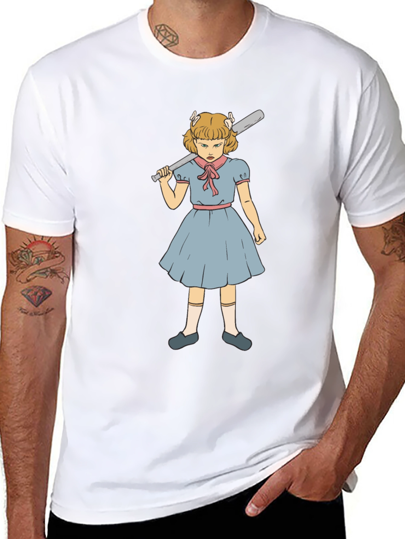 T-Shirt with Angry Girl Baseball Bat Graphic