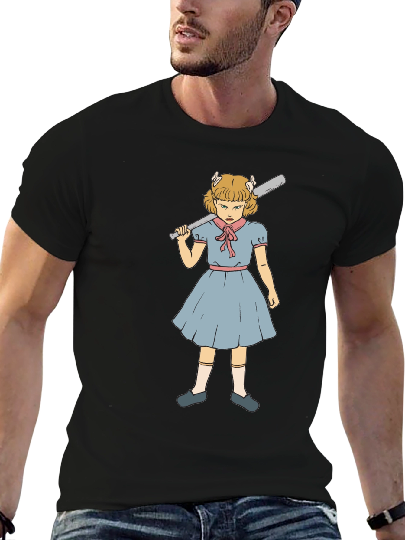 T-Shirt with Angry Girl Baseball Bat Graphic