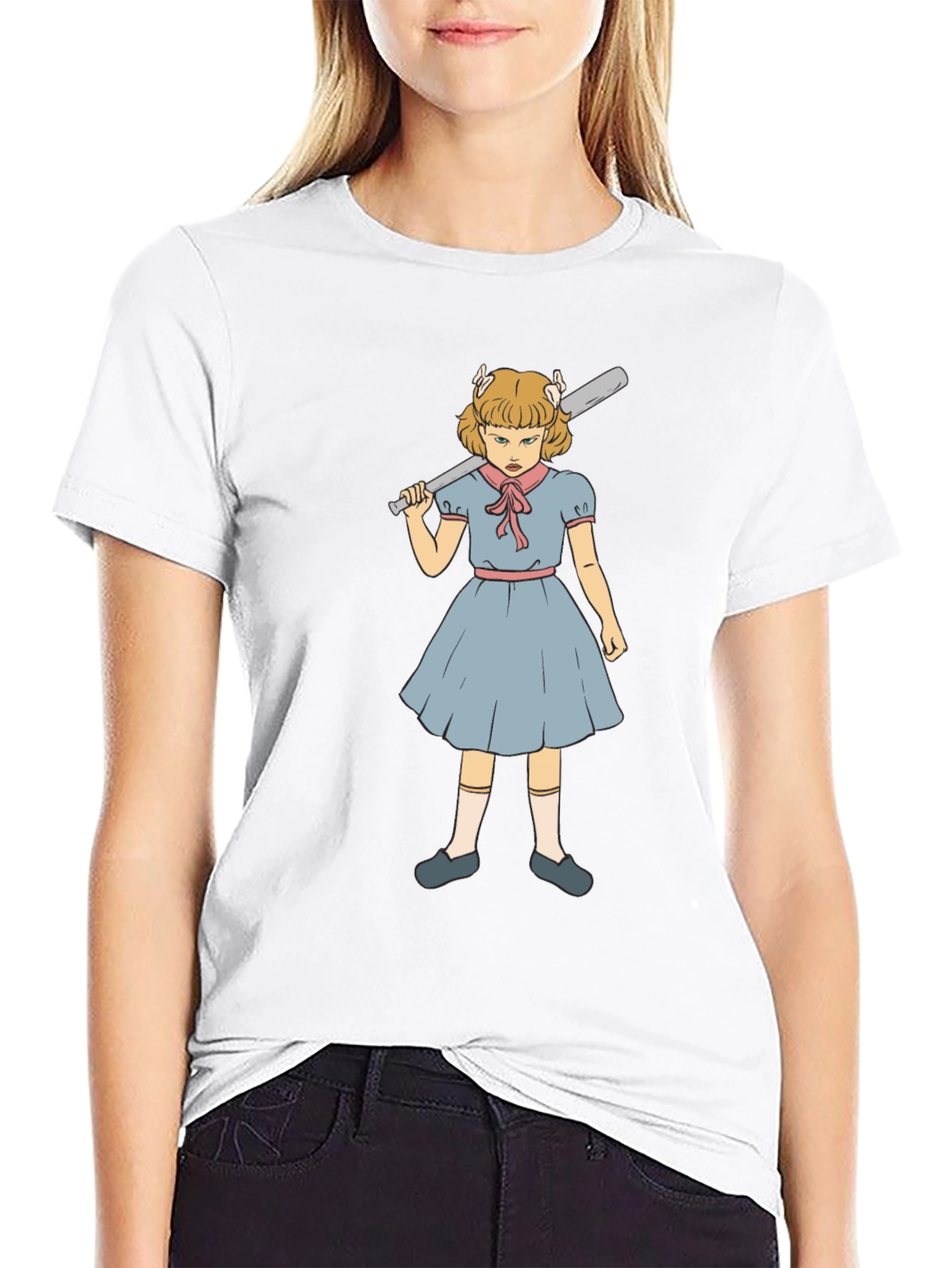 T-Shirt with Angry Girl Baseball Bat Graphic