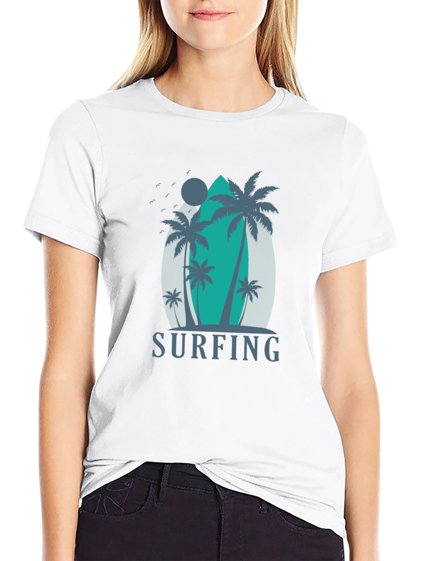 Surfing Palm Tree Graphic T-Shirt - Black