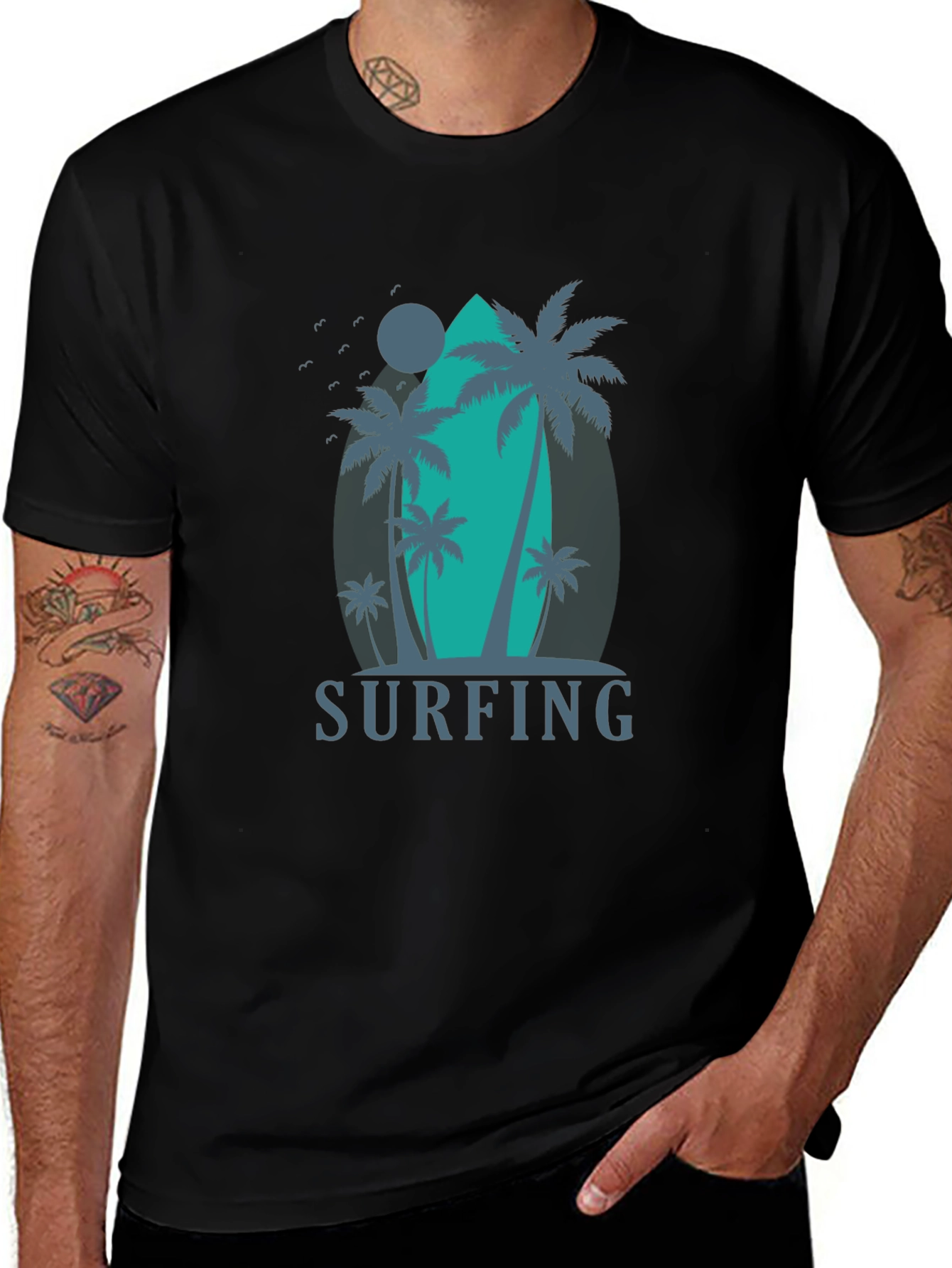 Surfing Palm Tree Graphic T-Shirt - Black