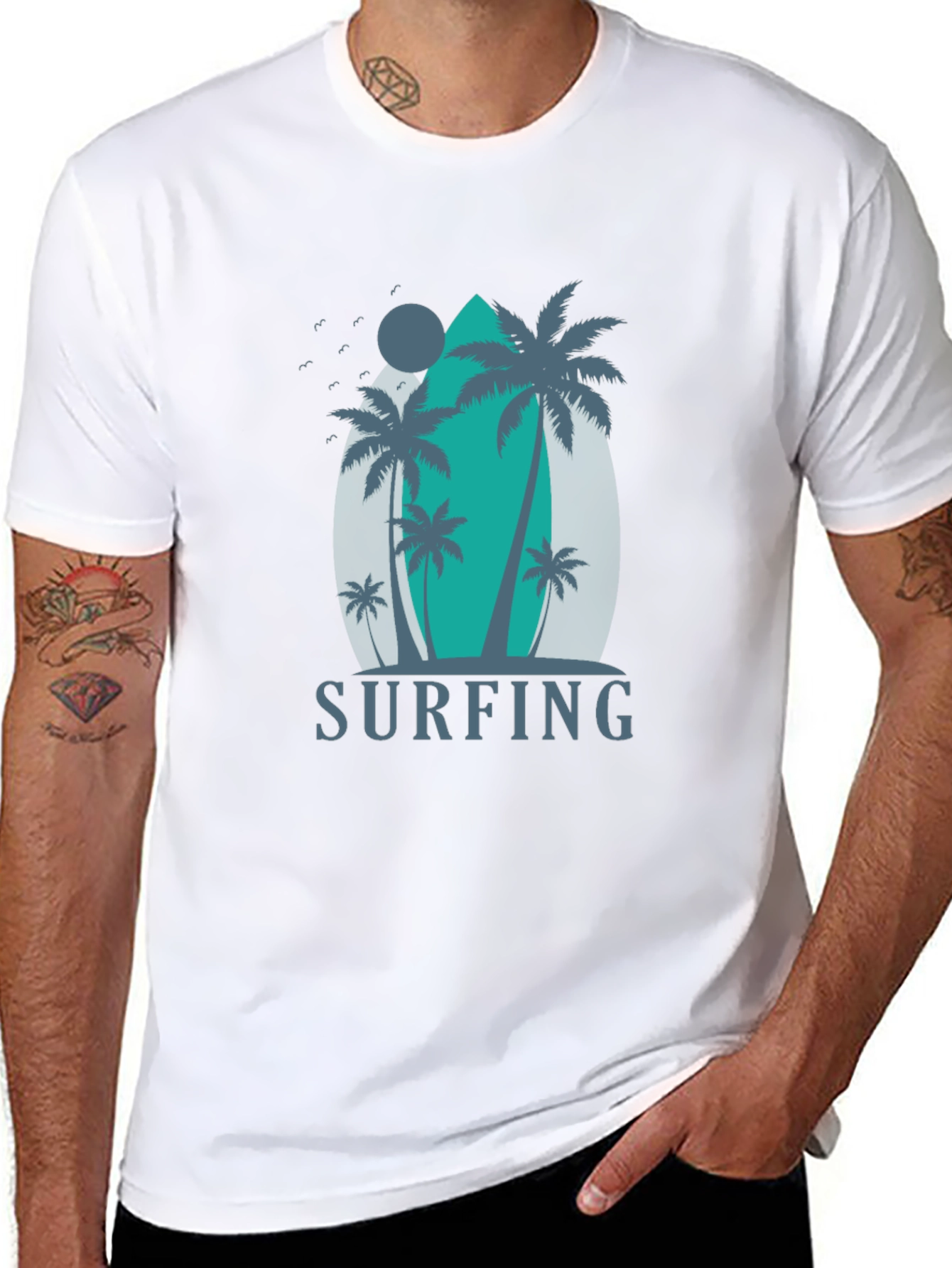 Surfing Palm Tree Graphic T-Shirt - Black