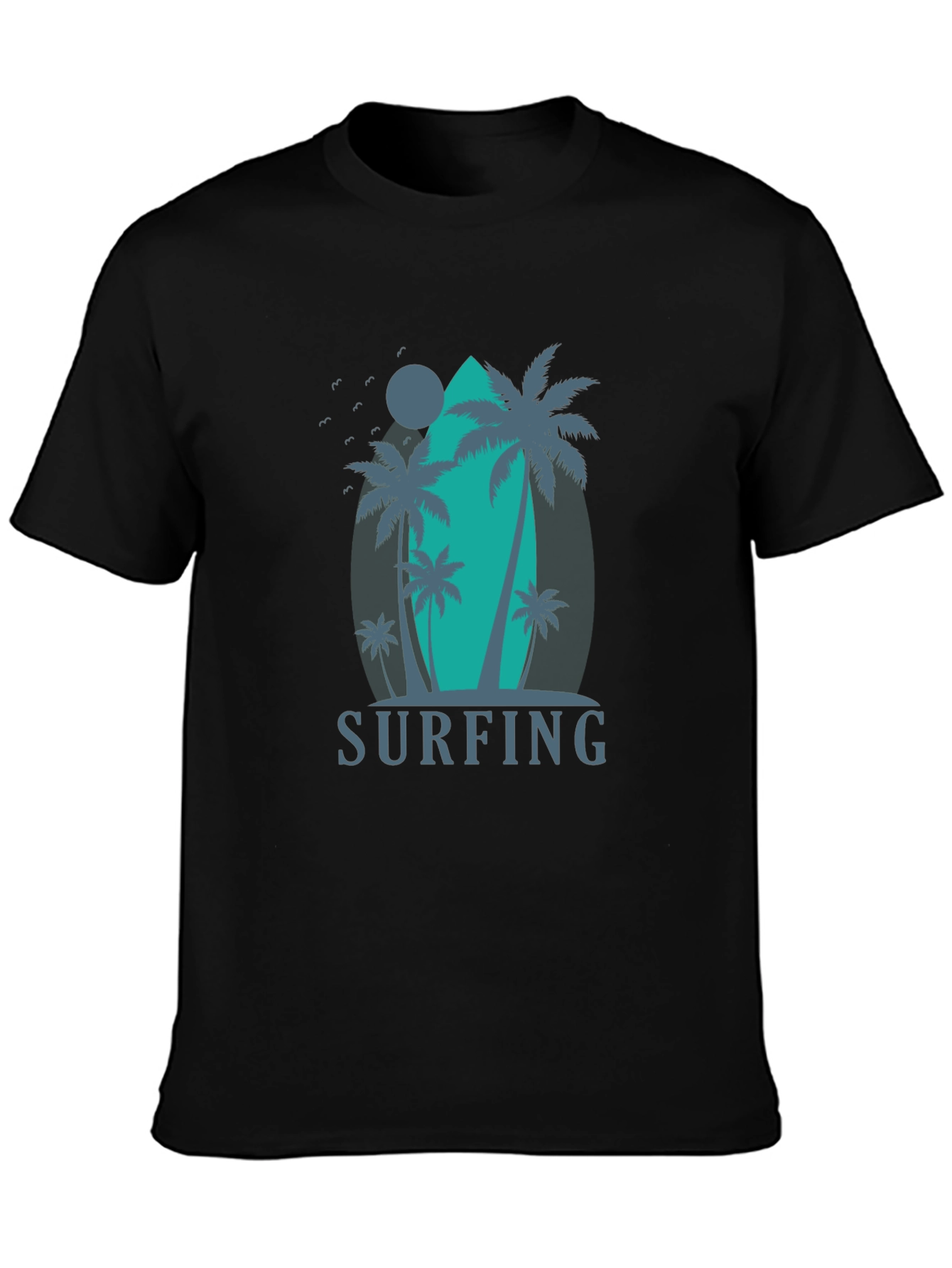 Surfing Palm Tree Graphic T-Shirt - Black