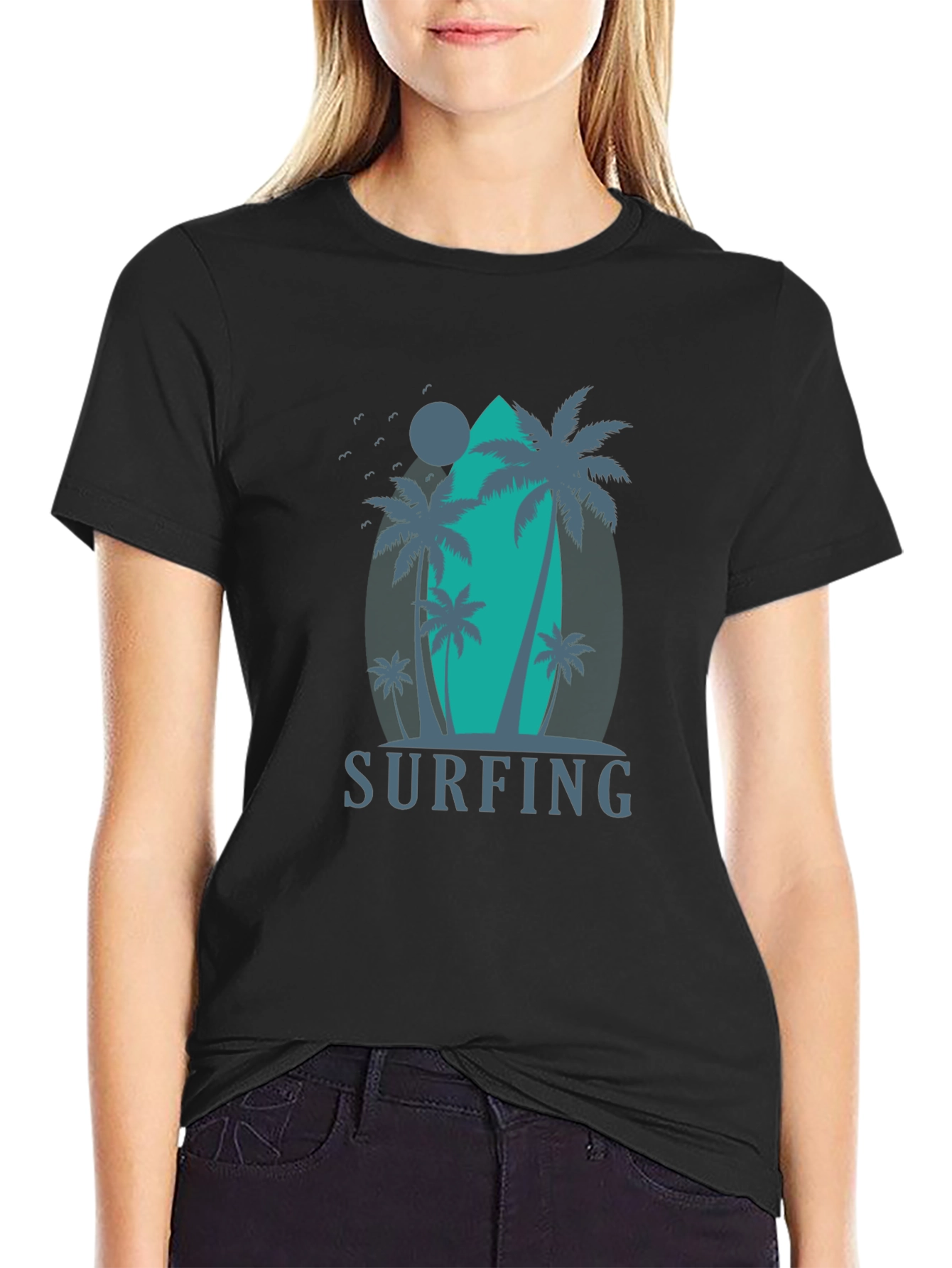 Surfing Palm Tree Graphic T-Shirt - Black