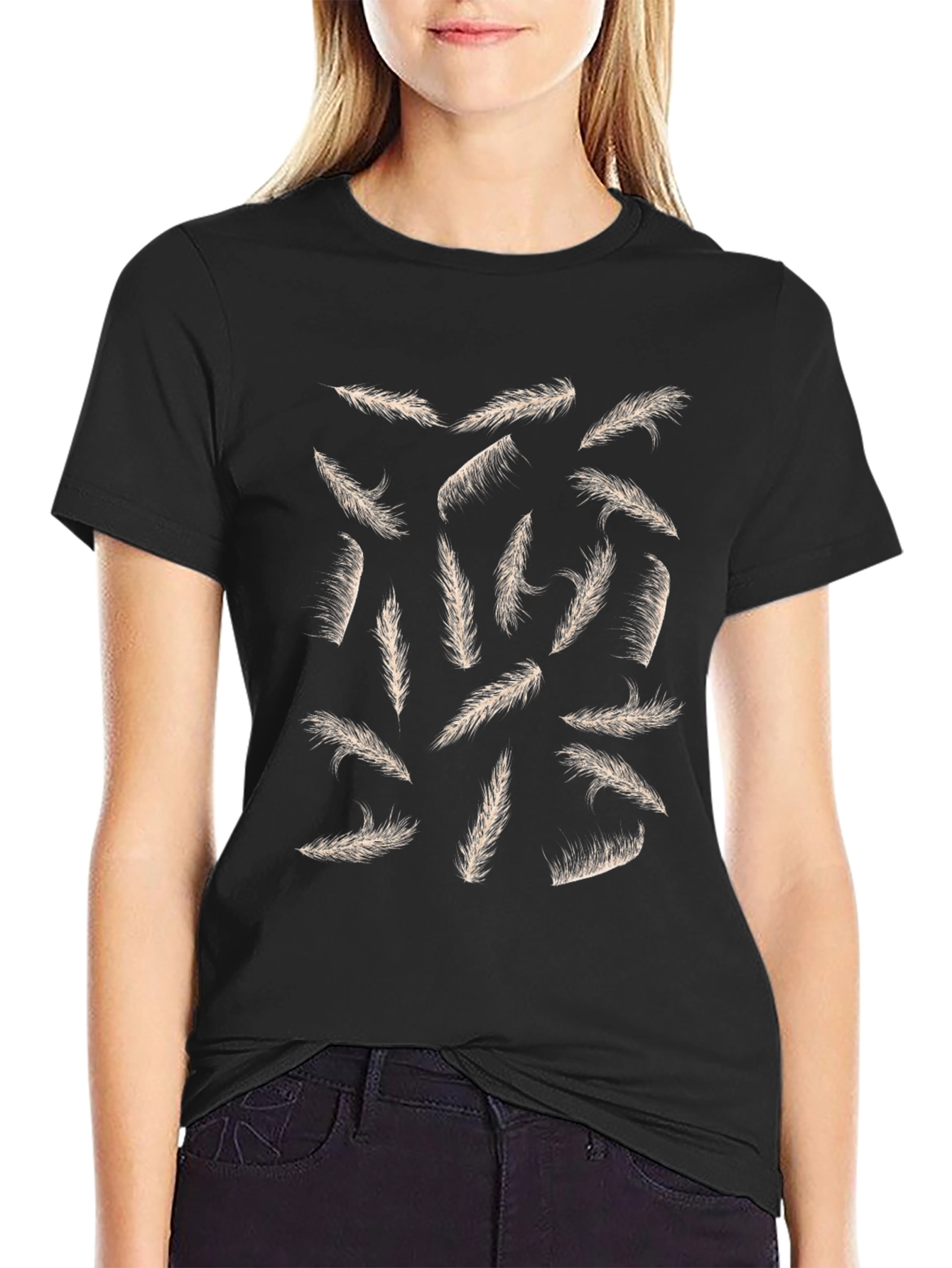 Feather Print Black Casual T-Shirt