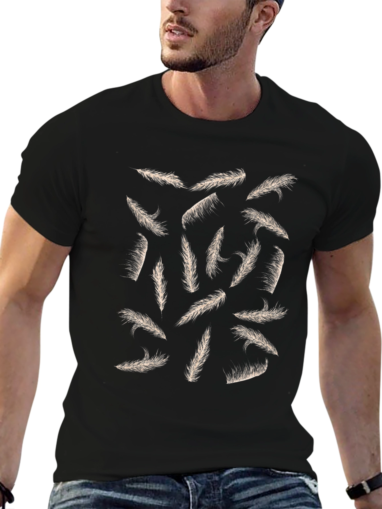Feather Print Black Casual T-Shirt