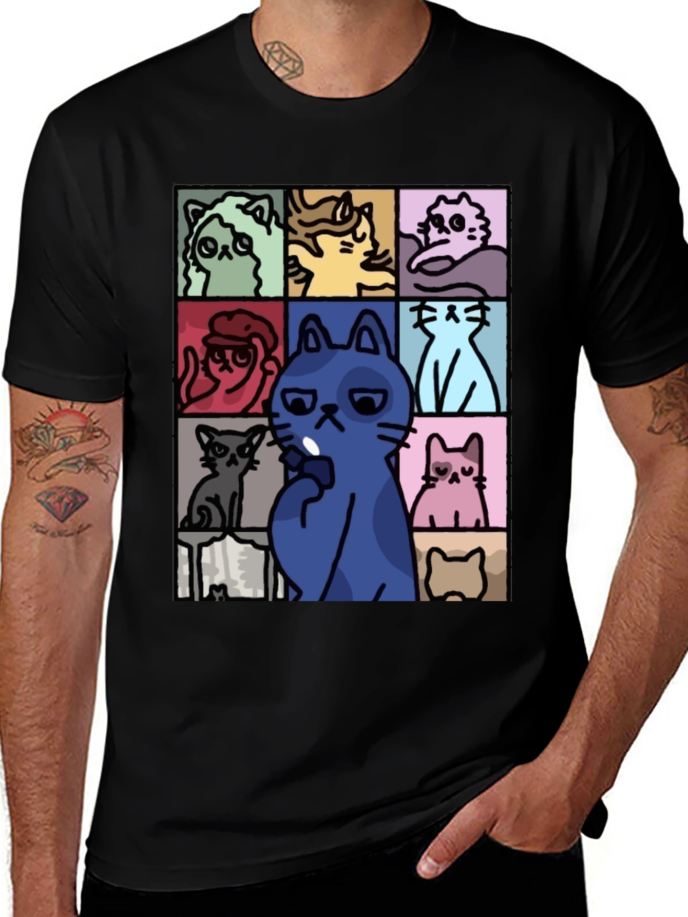 Cats Pattern Black T-Shirt