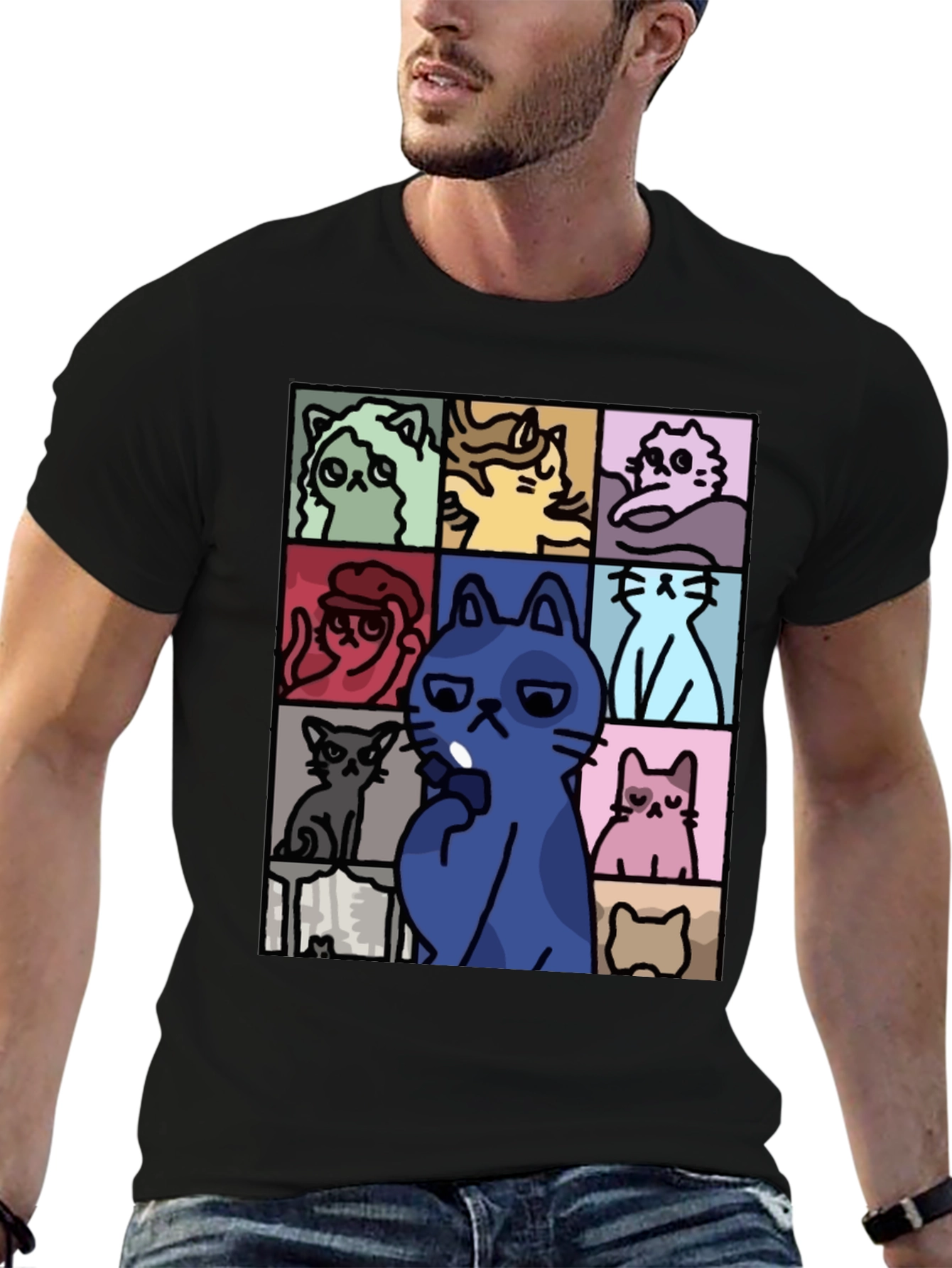Cats Pattern Black T-Shirt