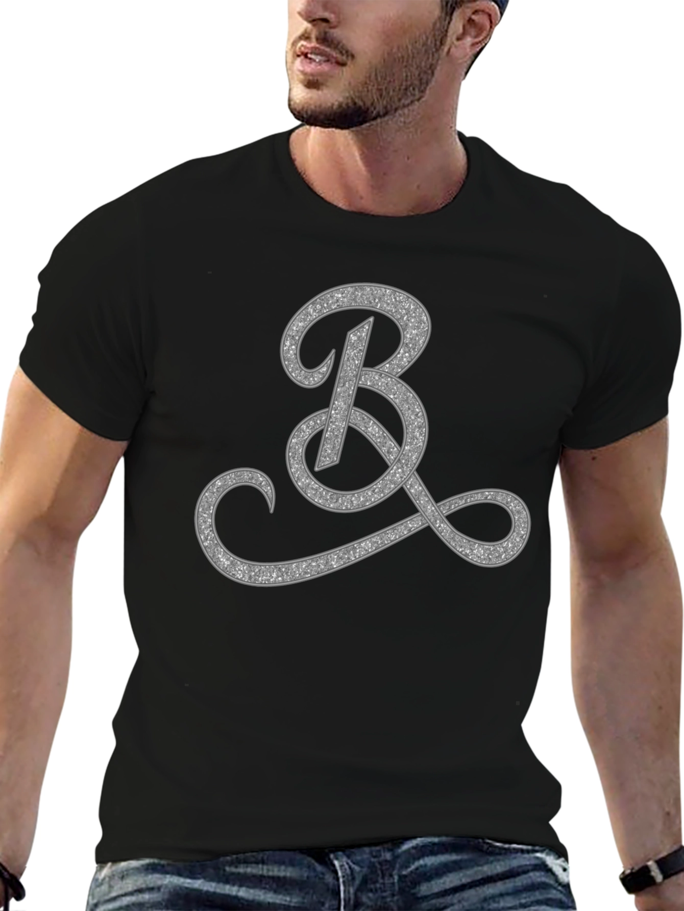 Elegant Black T-Shirt with Glitter Initial B