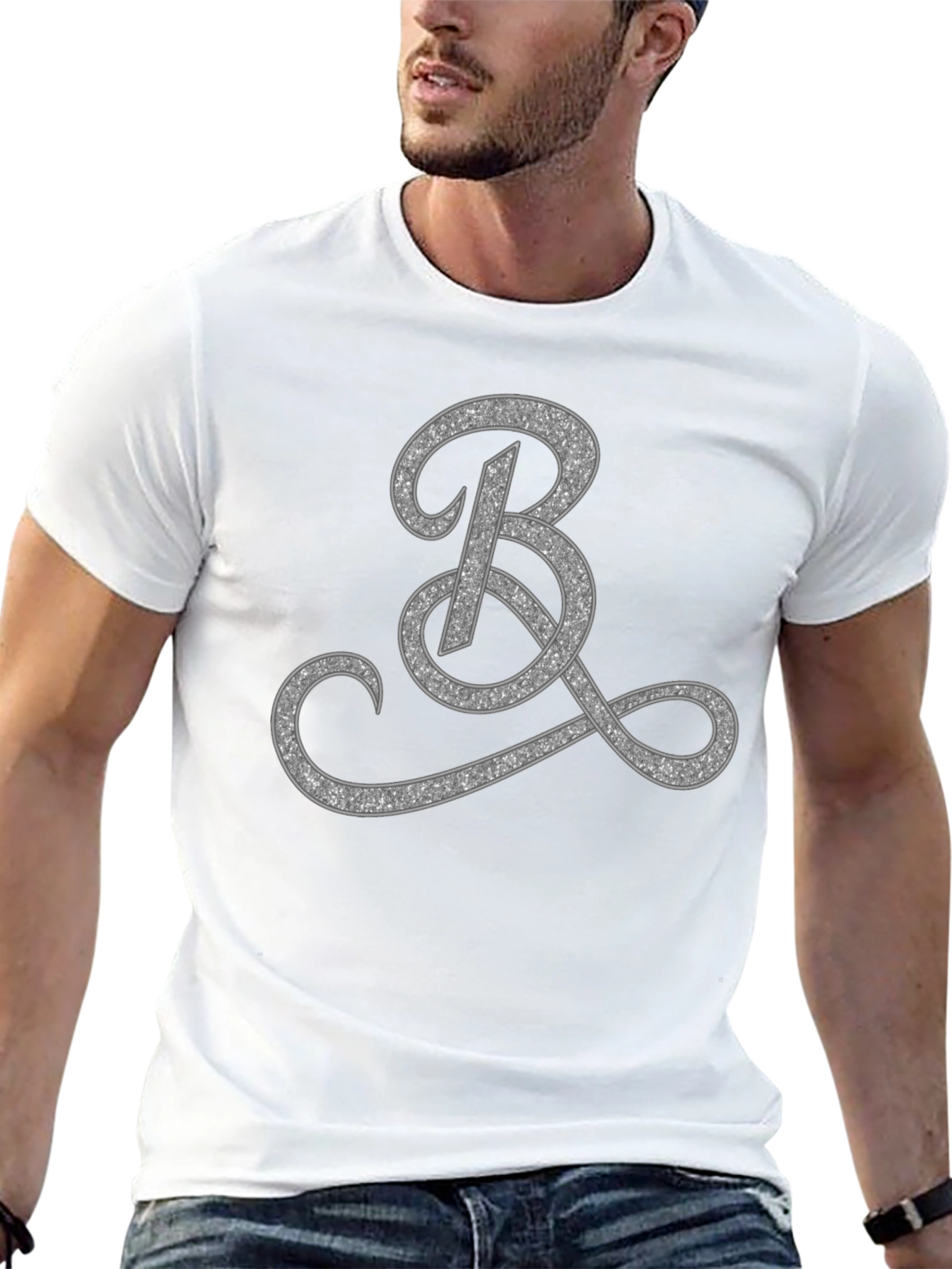 Elegant Black T-Shirt with Glitter Initial B