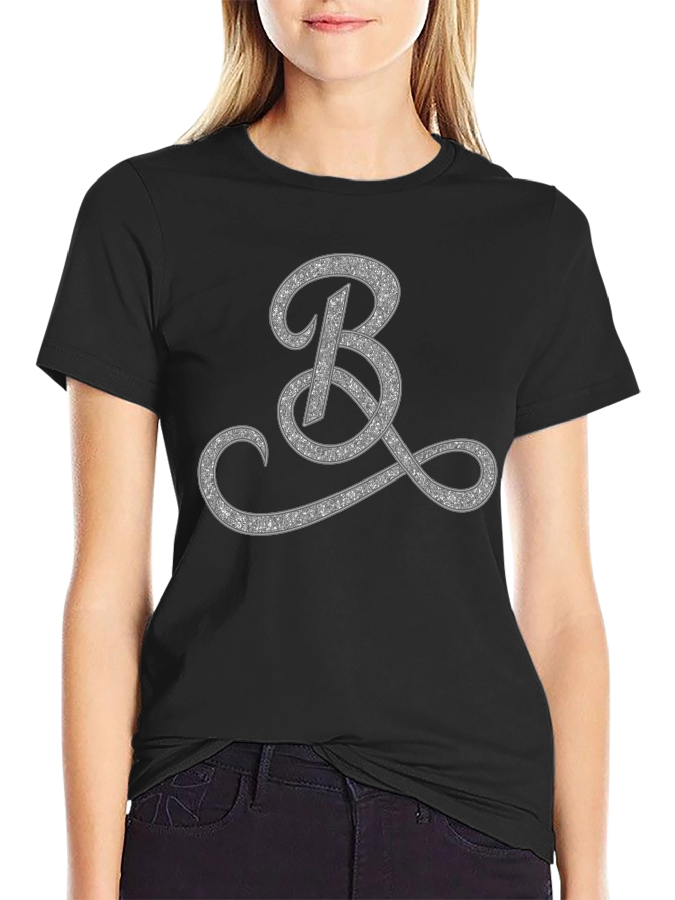Elegant Black T-Shirt with Glitter Initial B