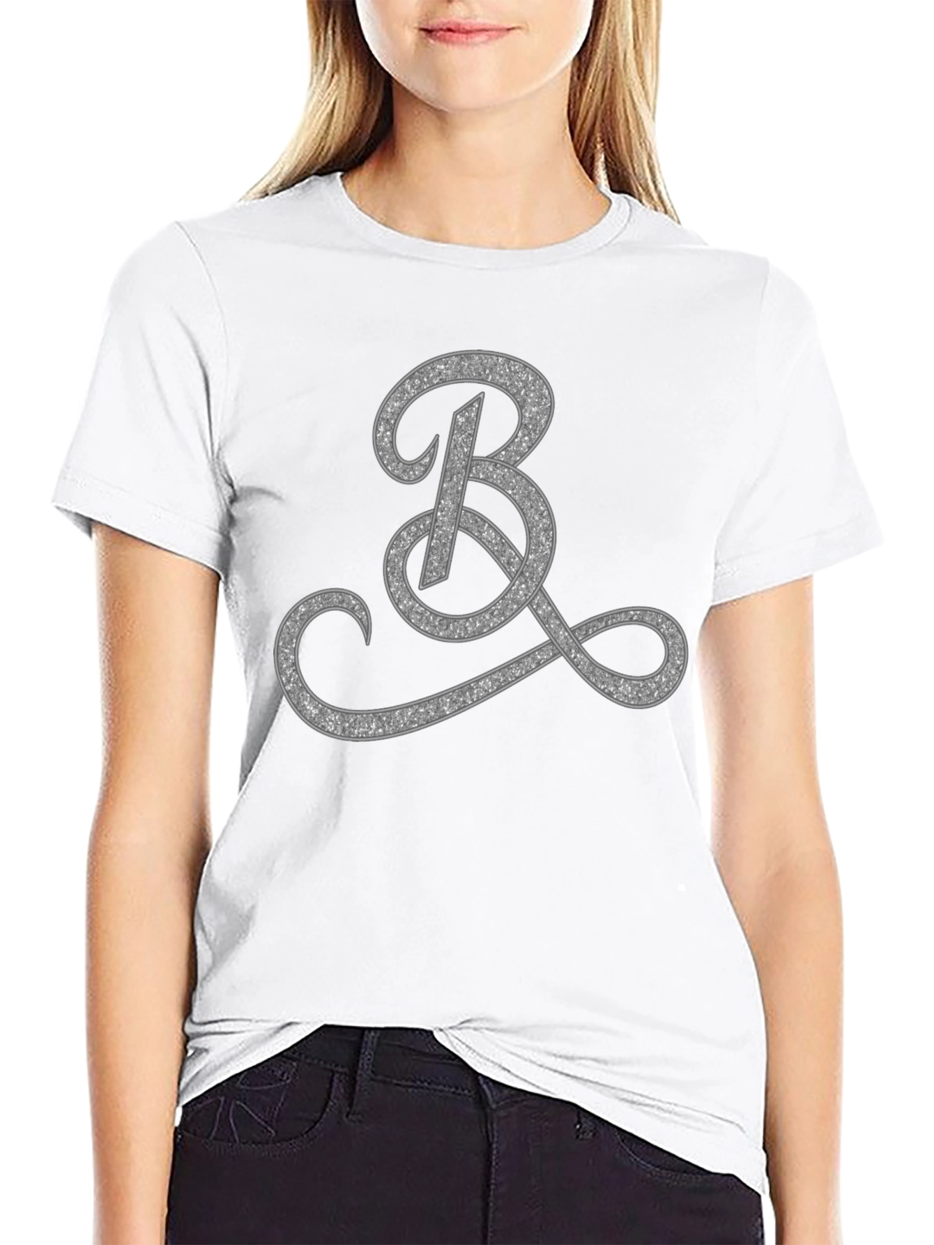 Elegant Black T-Shirt with Glitter Initial B