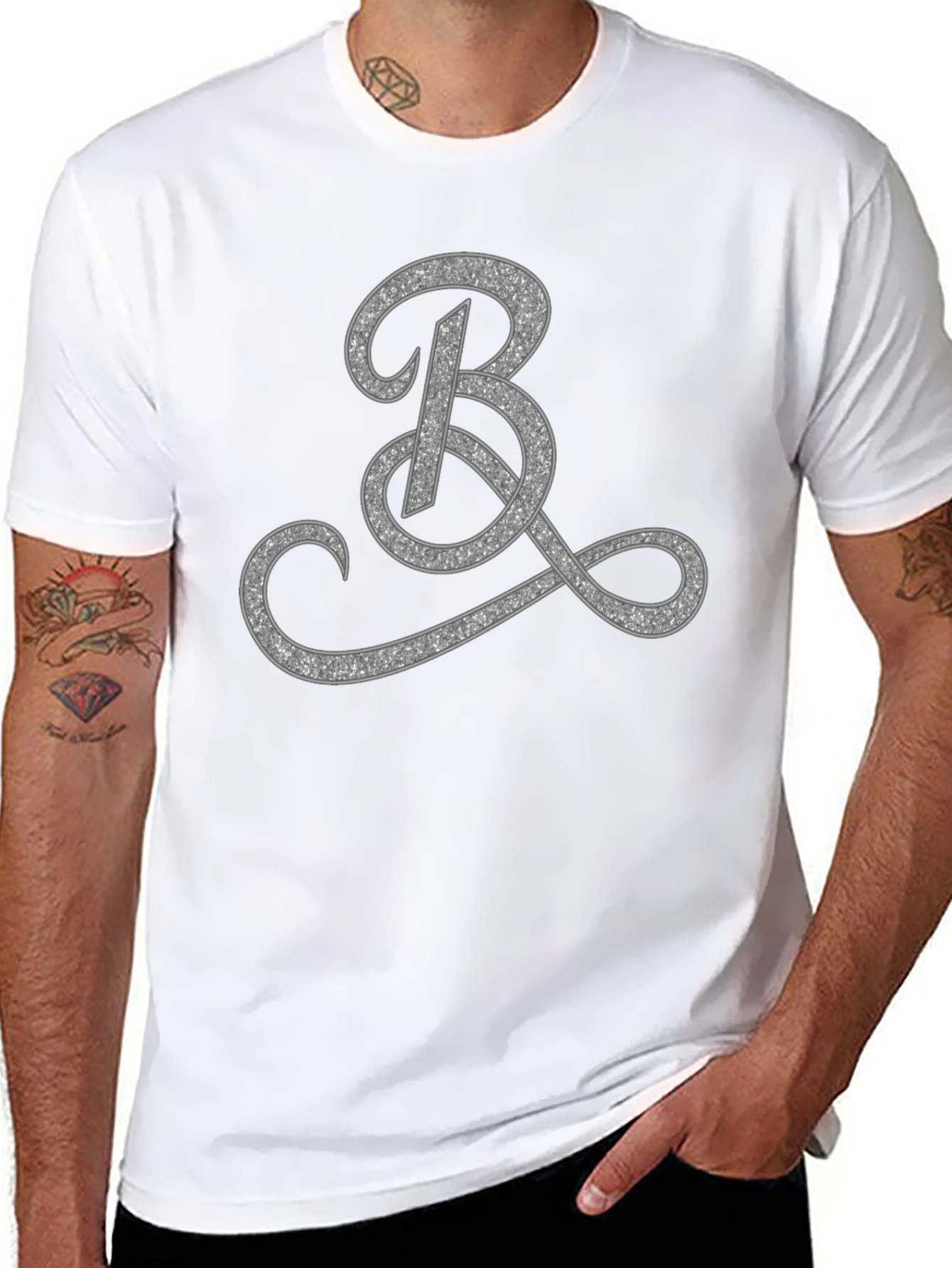 Elegant Black T-Shirt with Glitter Initial B