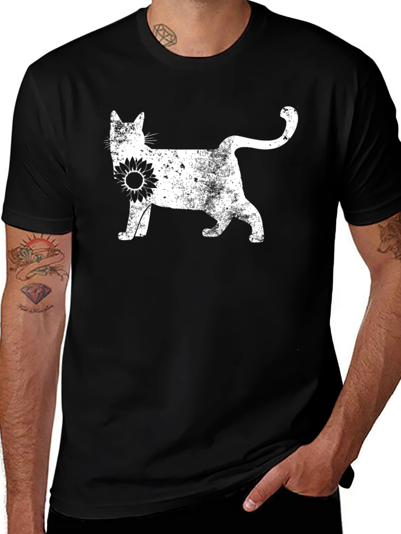 Cat Sunflower Graphic Tee - Black