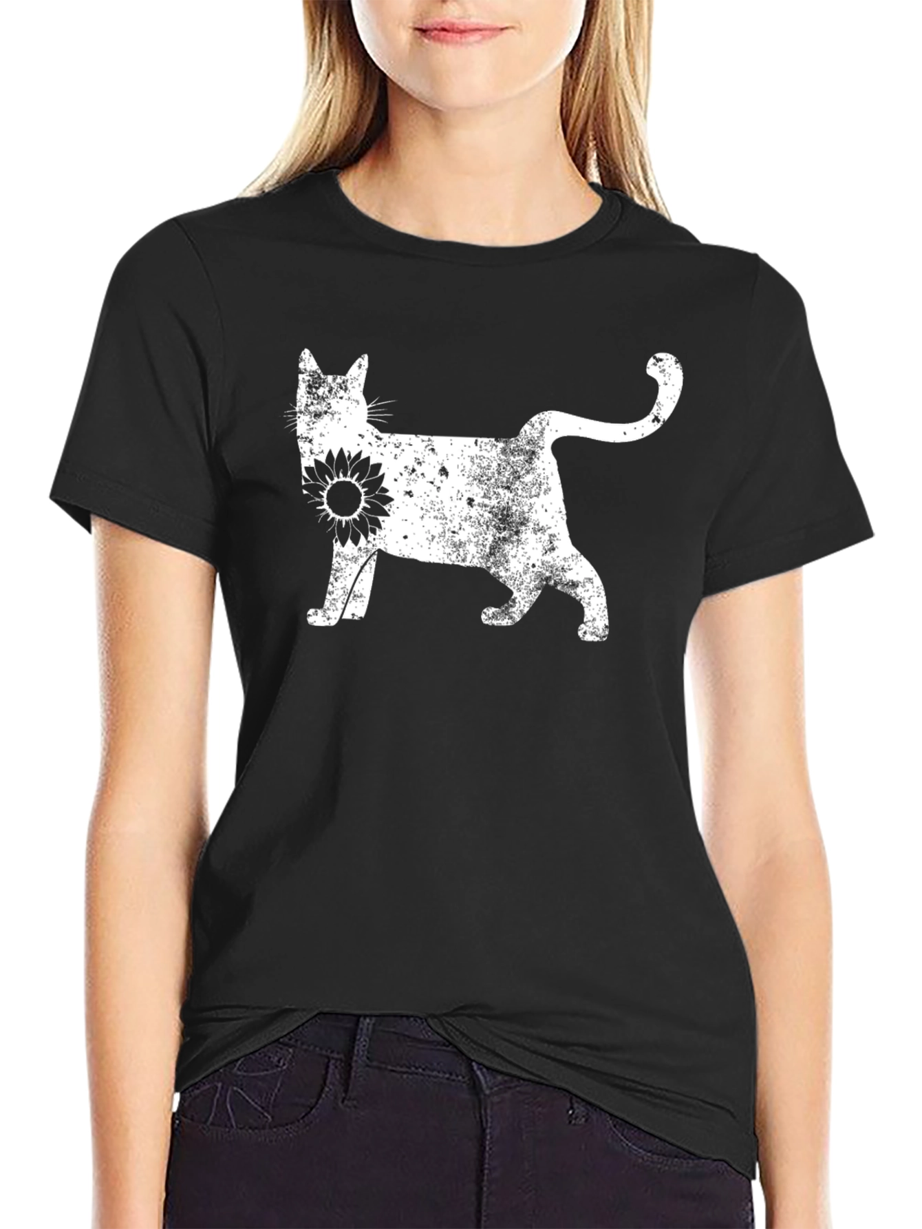 Cat Sunflower Graphic Tee - Black