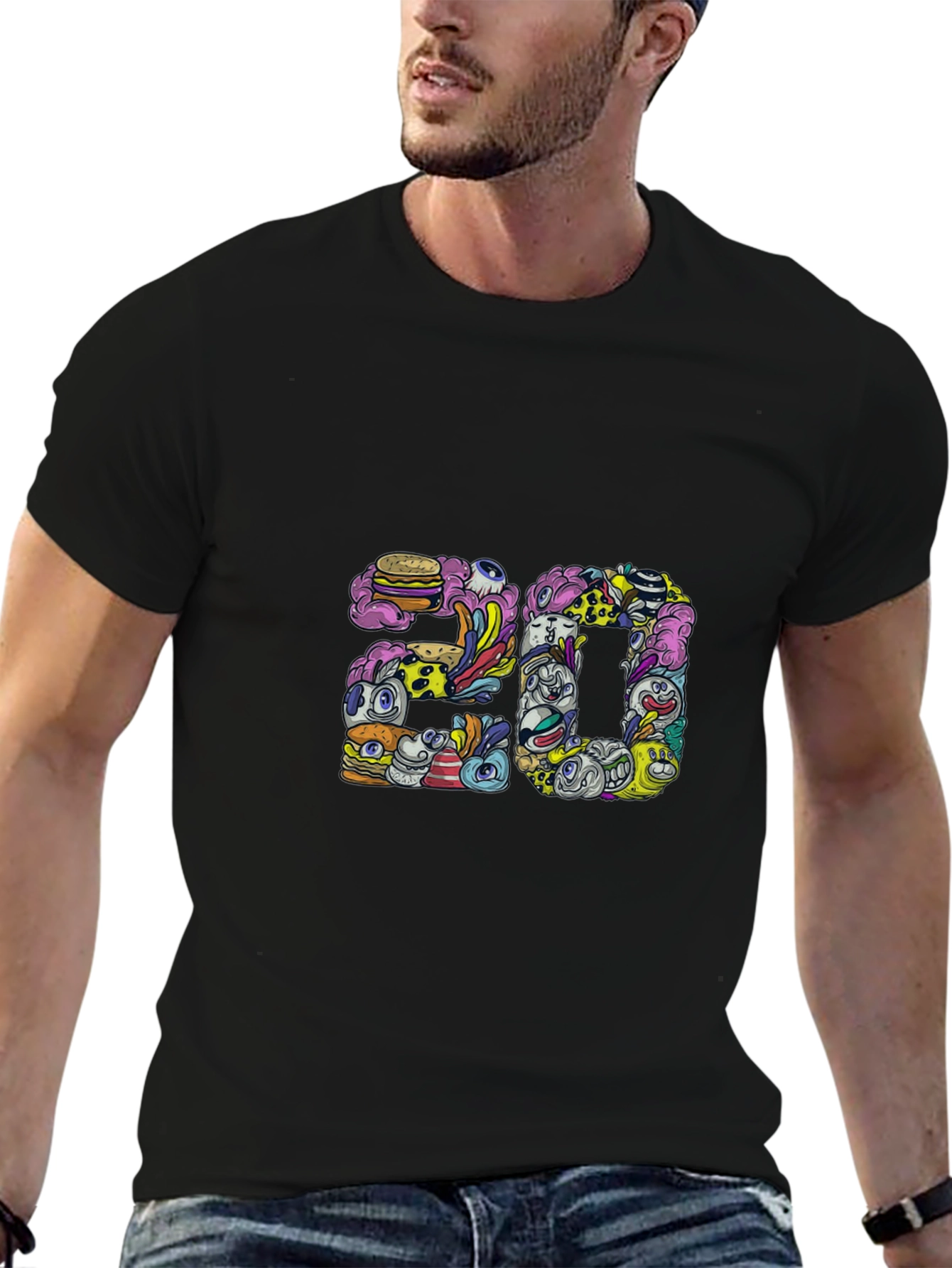 Mens Black Graphic Tee - 20 Doodle Art